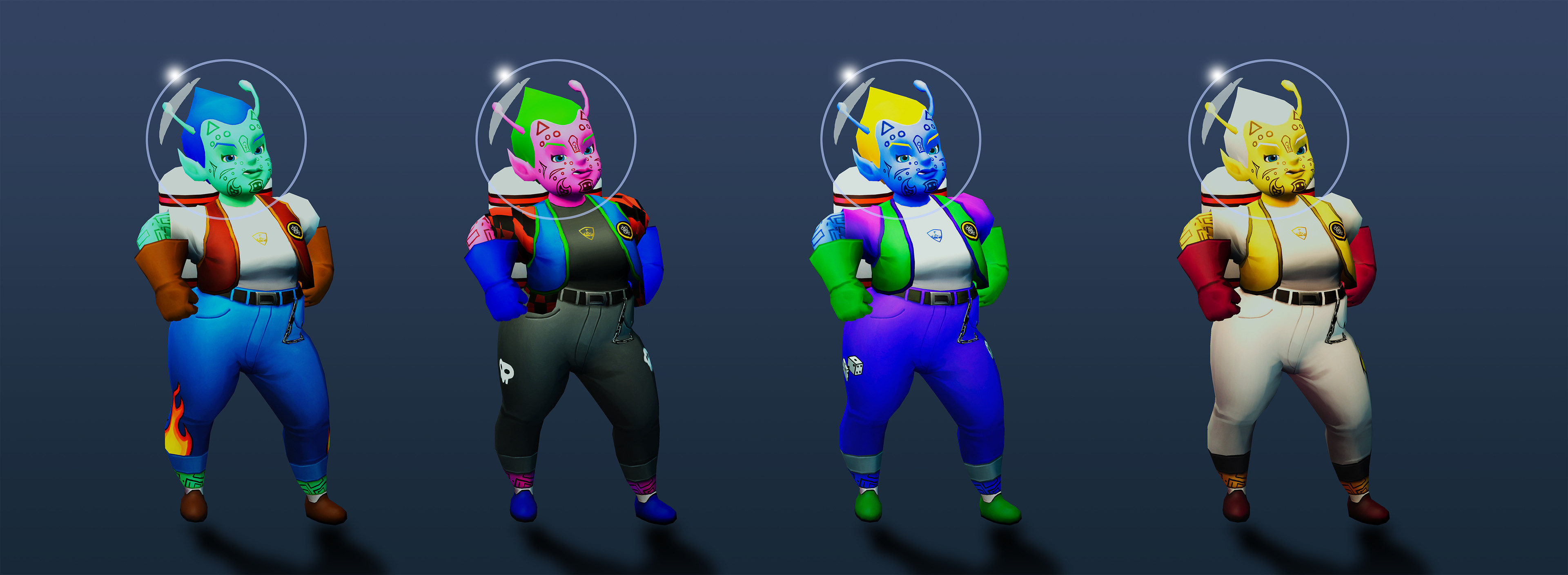renders of 3d character models for a mobile game