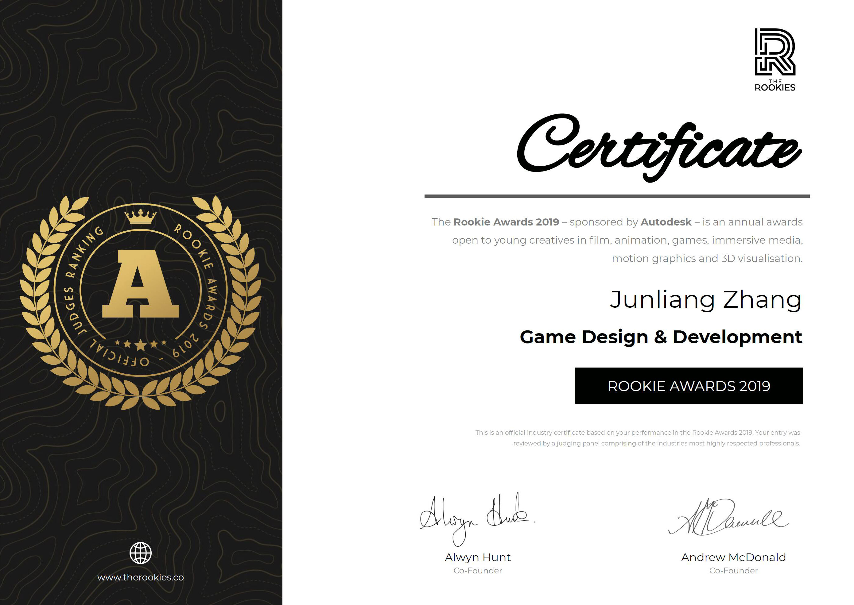 Junliang Zhang Rookie Awards 2019 Rank A Certificate