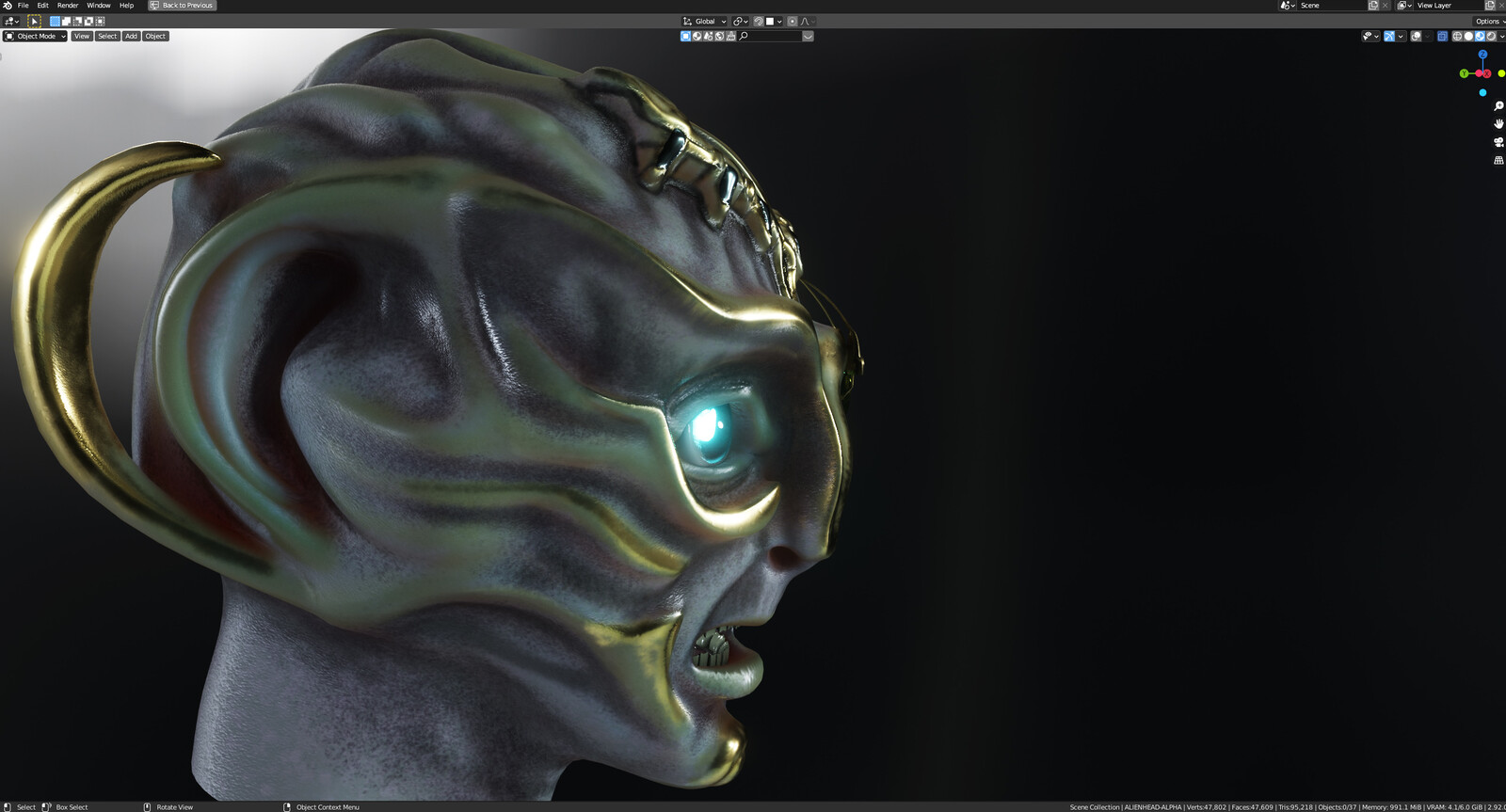 WIP of AlienHead 3D Modeled in Blender 2.92 and texture in Substance Painter. This is a screenshot on eevee viewport.