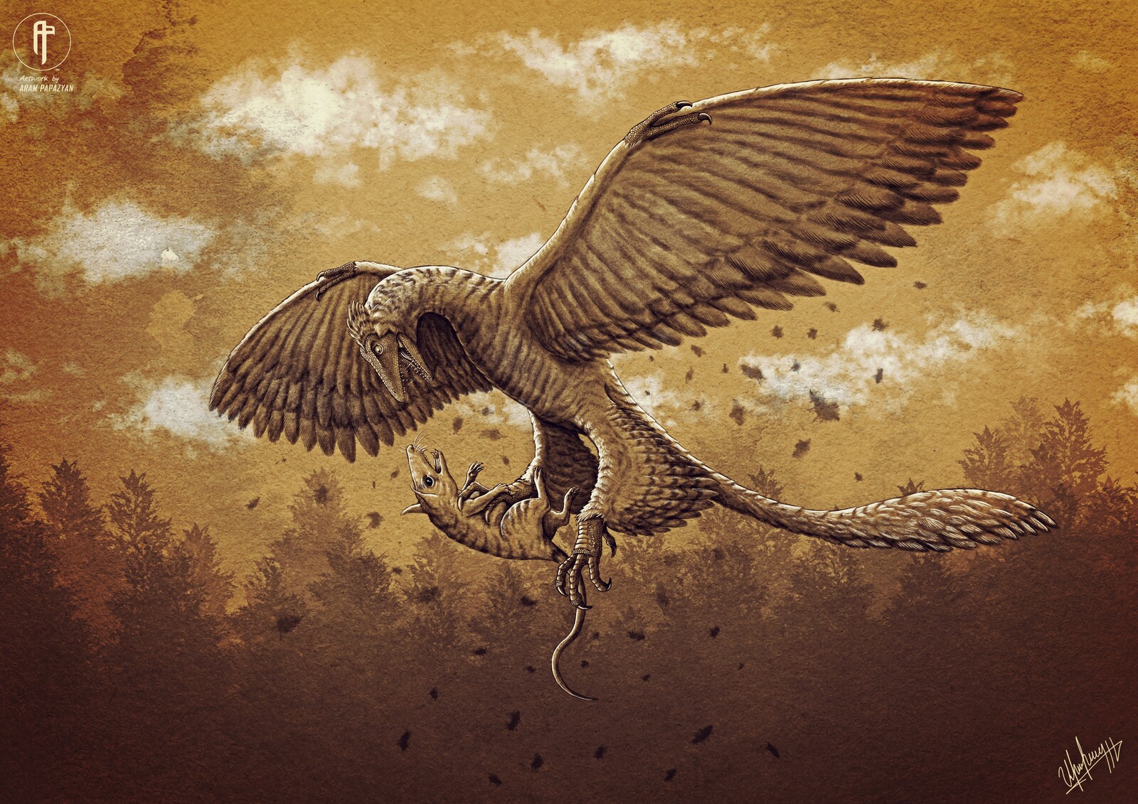 An Alphadon trying to fight back for his freedom in mid air, while being grappled by an avian dinosaur.