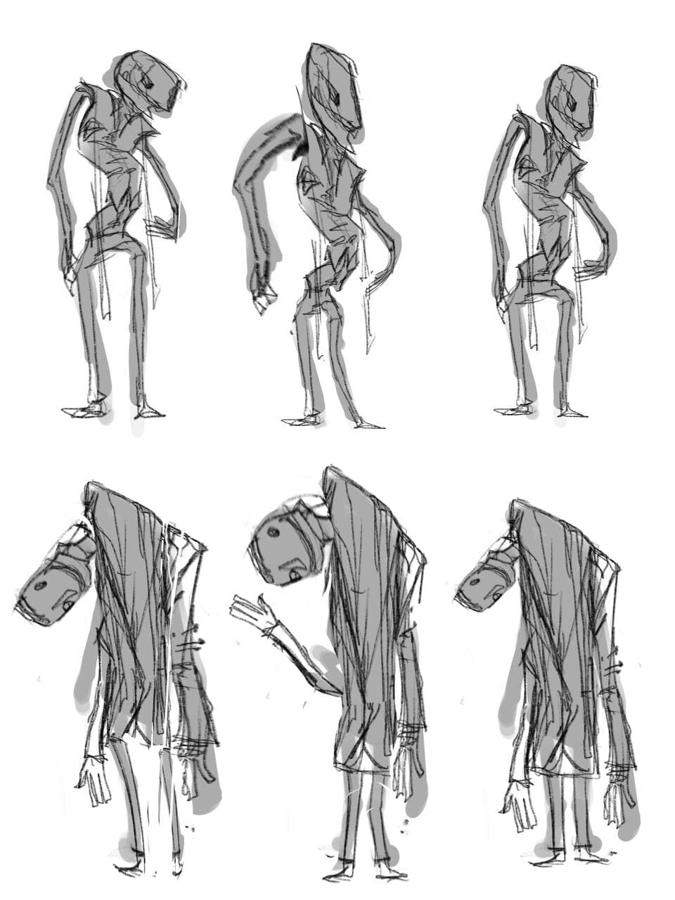 I picked my two favorite silhouettes out of the first doodle sheet. I warped and rearranged them to create some variation and went on to fleshing them out.