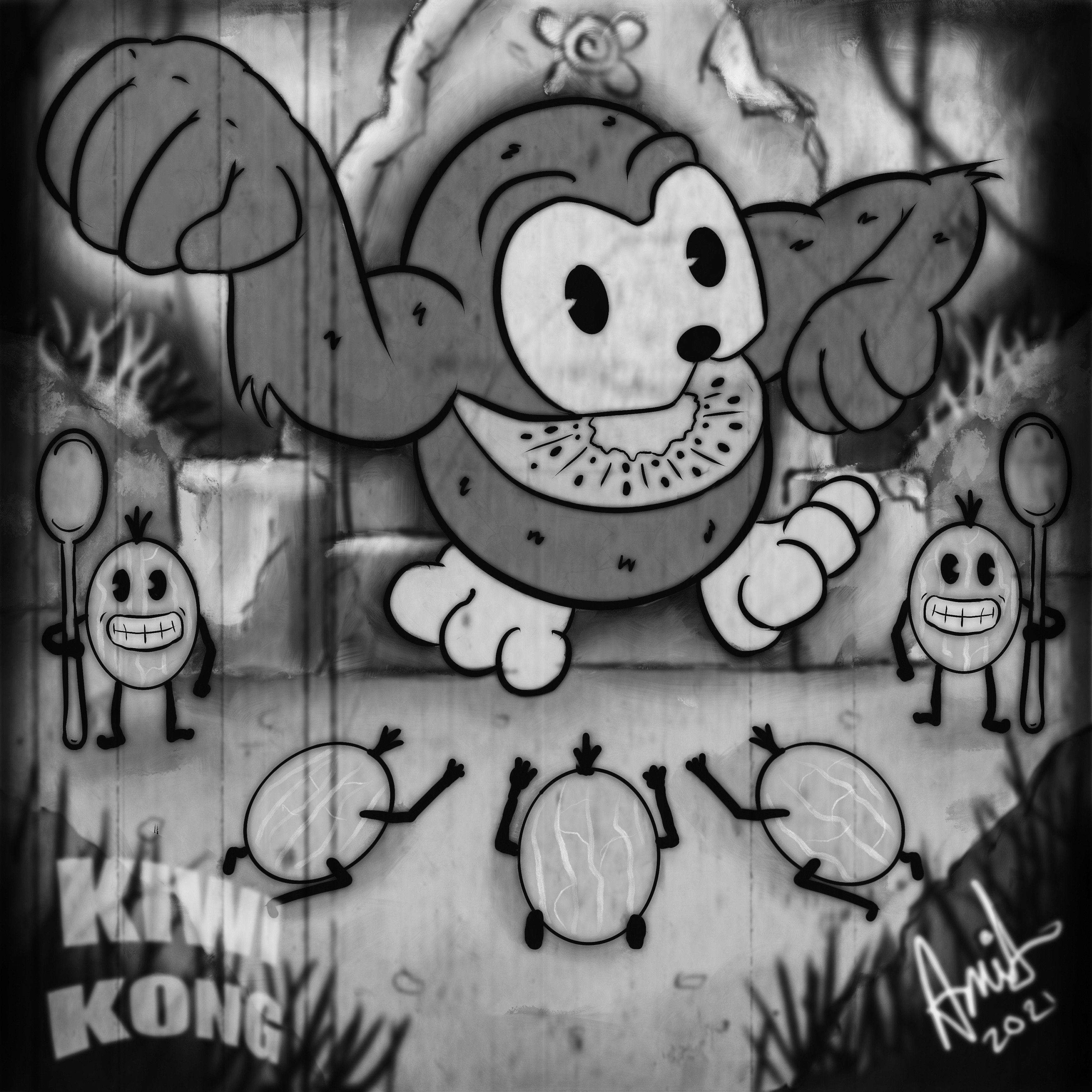 Kiwi Kong in black and white