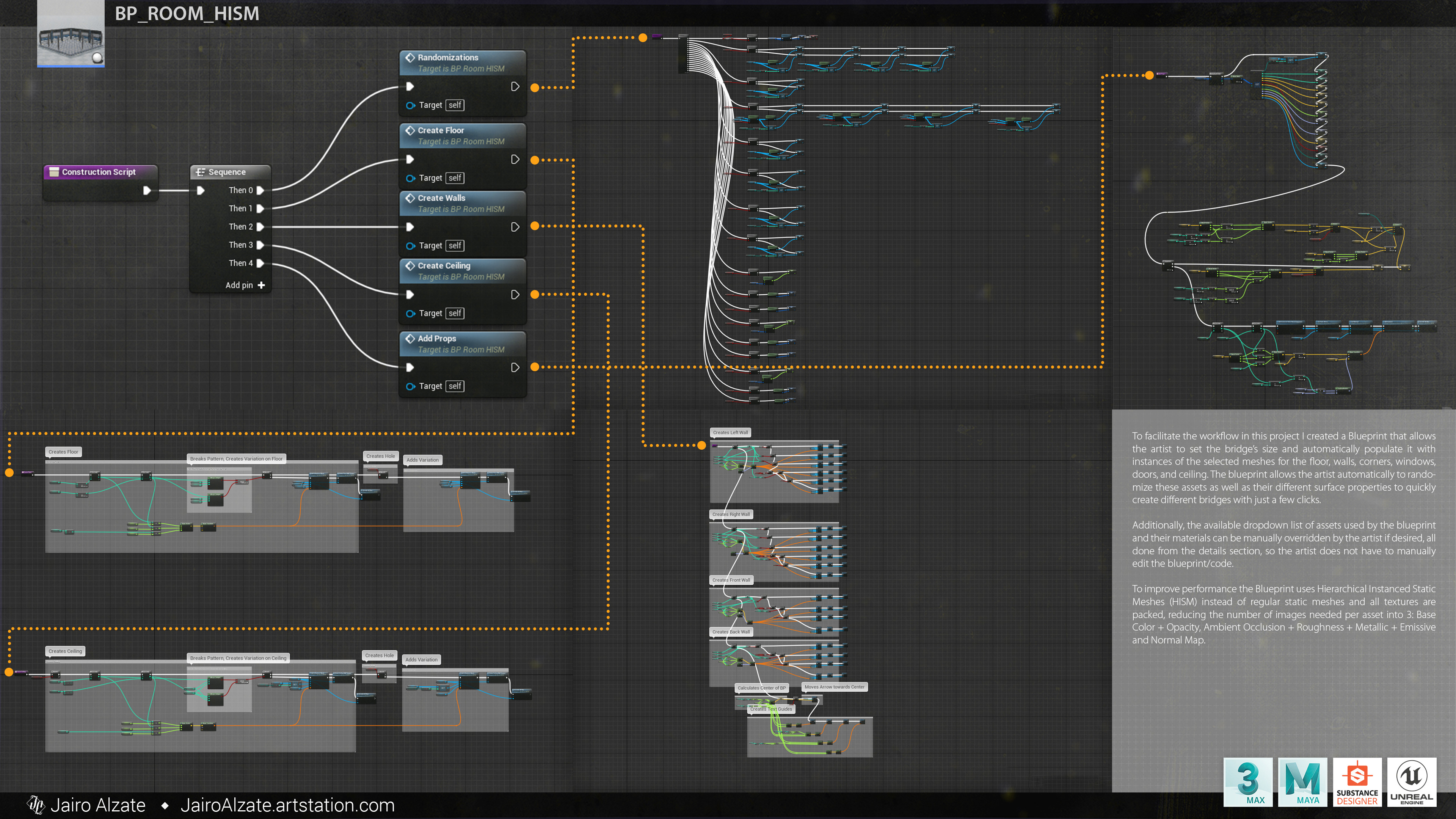 To facilitate the workflow in this project I created a Blueprint that allows the artist to set the bridge’s size and automatically populate it with instances of the selected meshes for the floor, walls, corners, windows, doors, and ceiling.