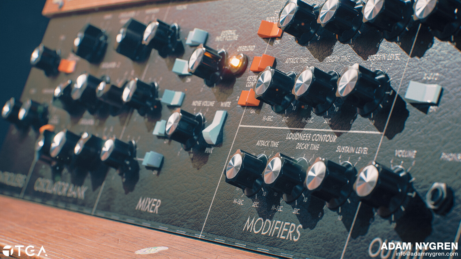 Using Unreal Engines new Anistropy shader in combination with a flow map I was able to get the distinctive stretched reflections on the metal part of the knobs, aswell as the brushed metal look on the back of the instrument.