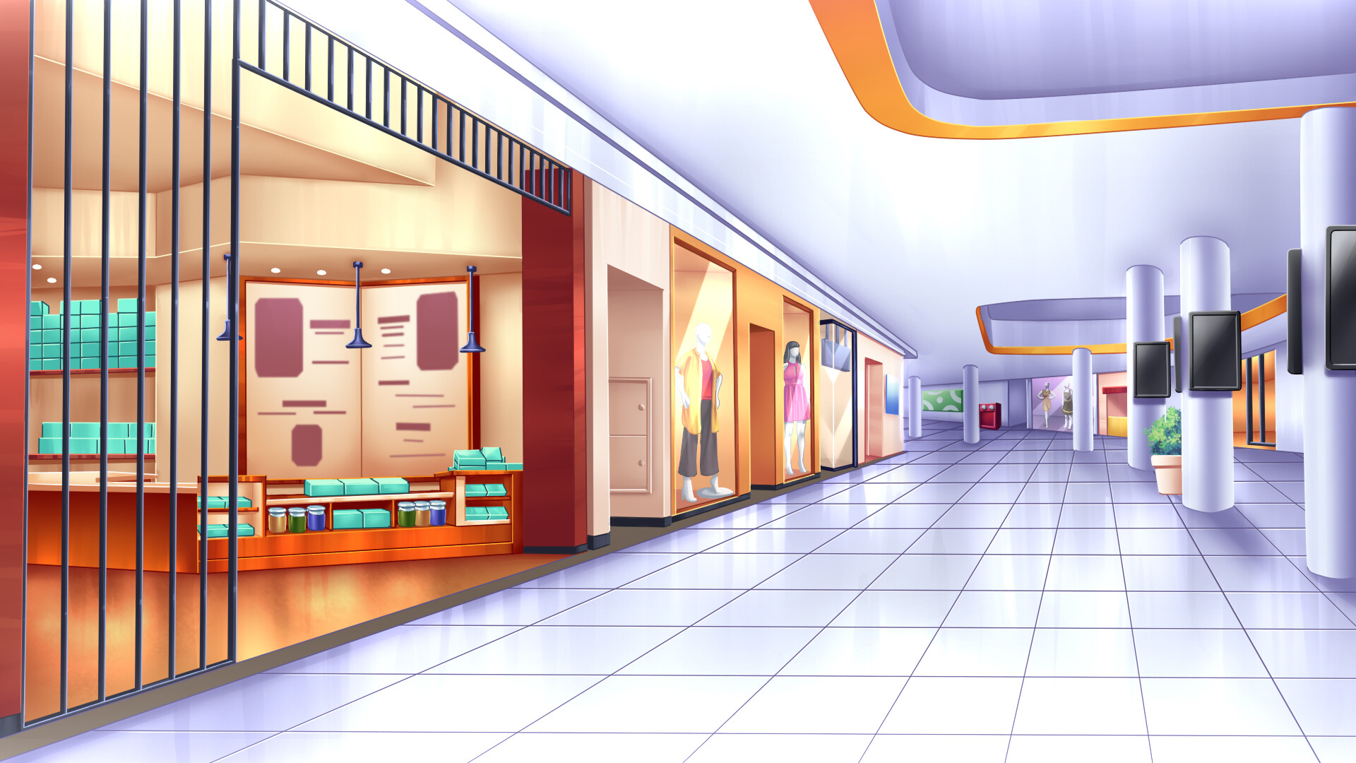 Anime style backgrounds for a shopping plaza  rNovelAi