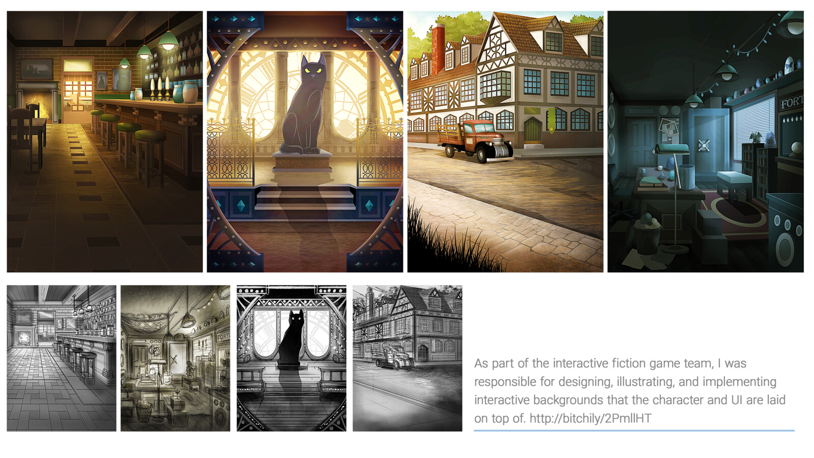 Interactive fiction background illustrations.