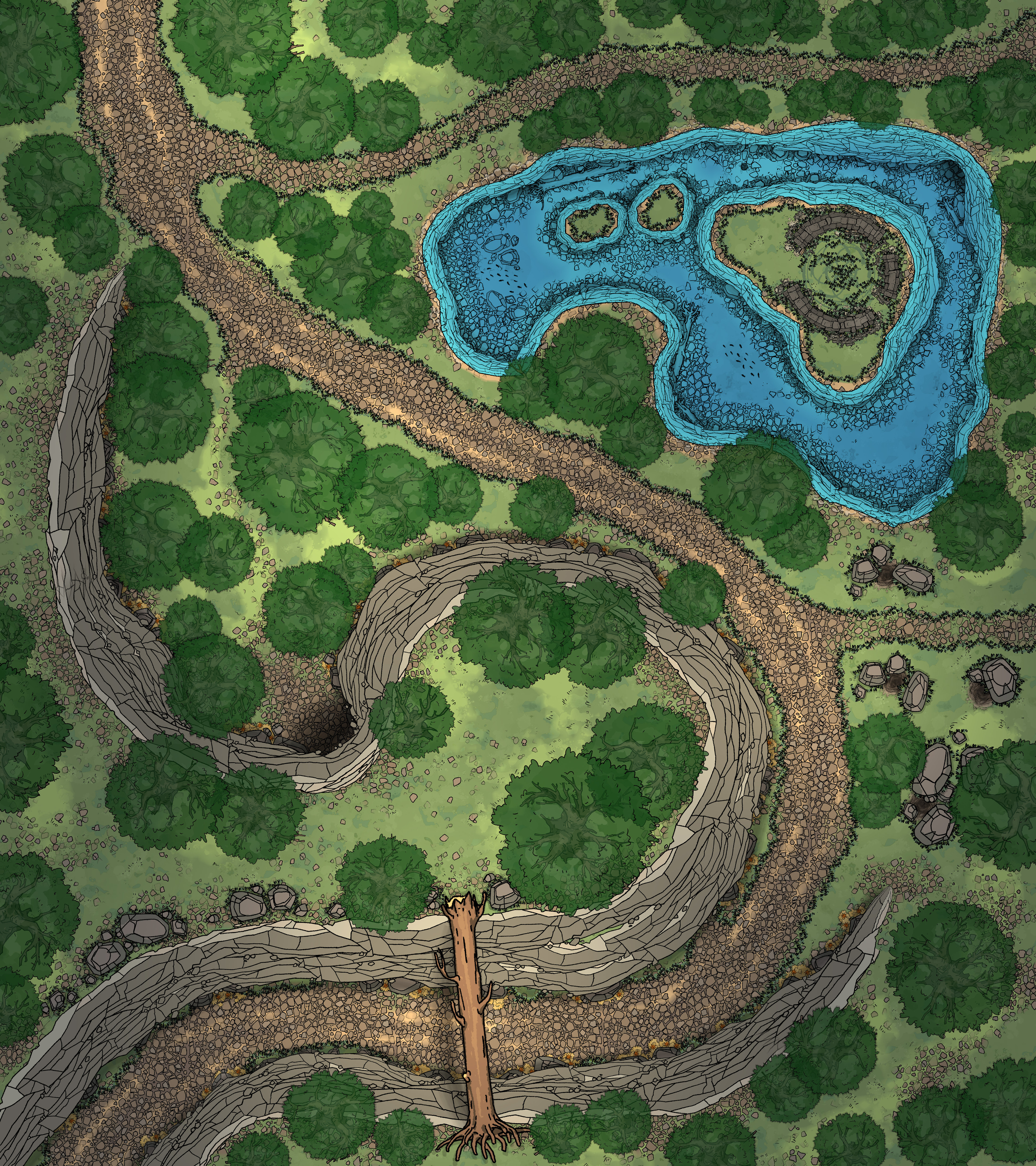 This is a map of a road meandering through a dense forest, meant to be used for random encounters.