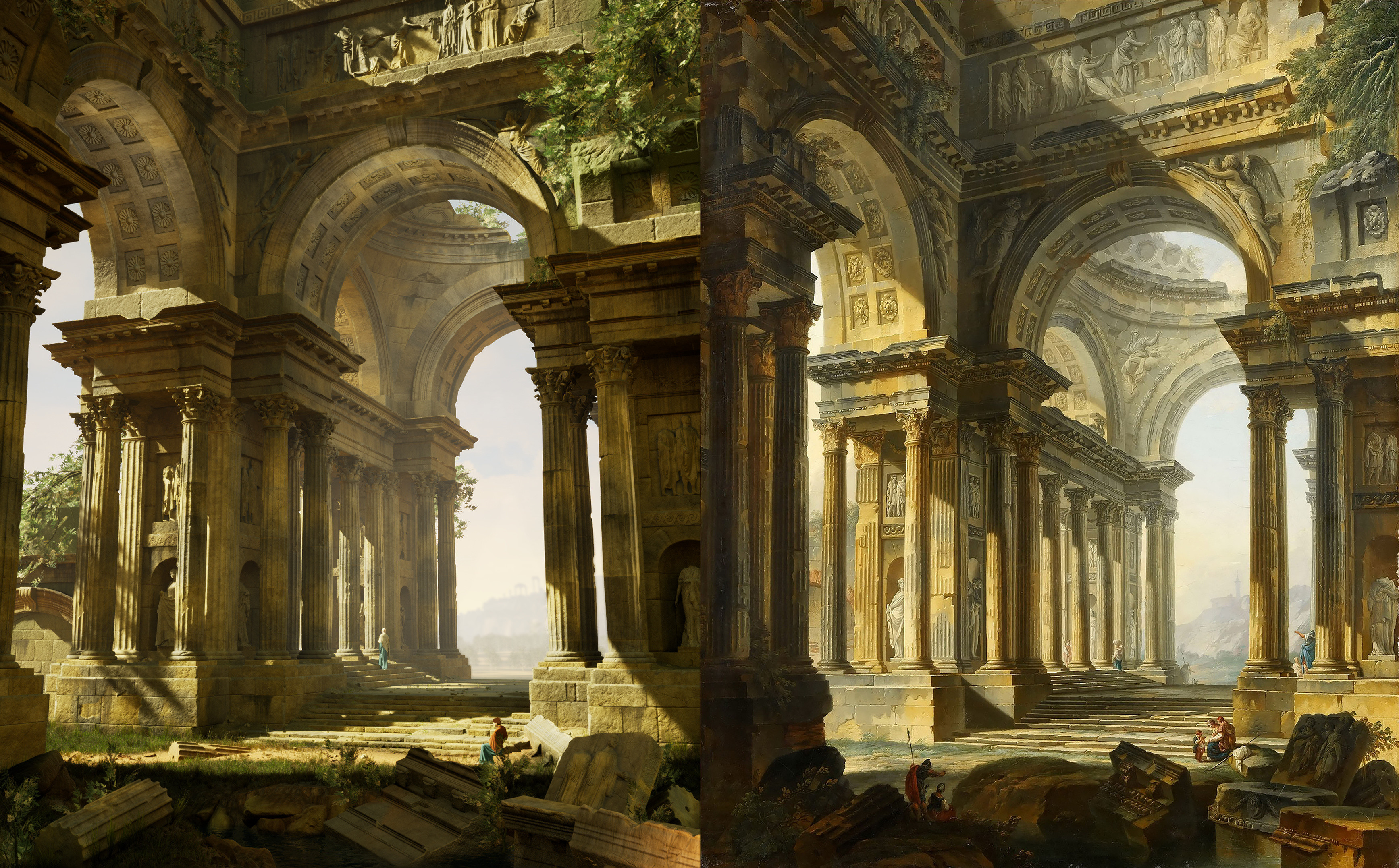 Comparison of the UE4 scene on the left with the original painting on the right
