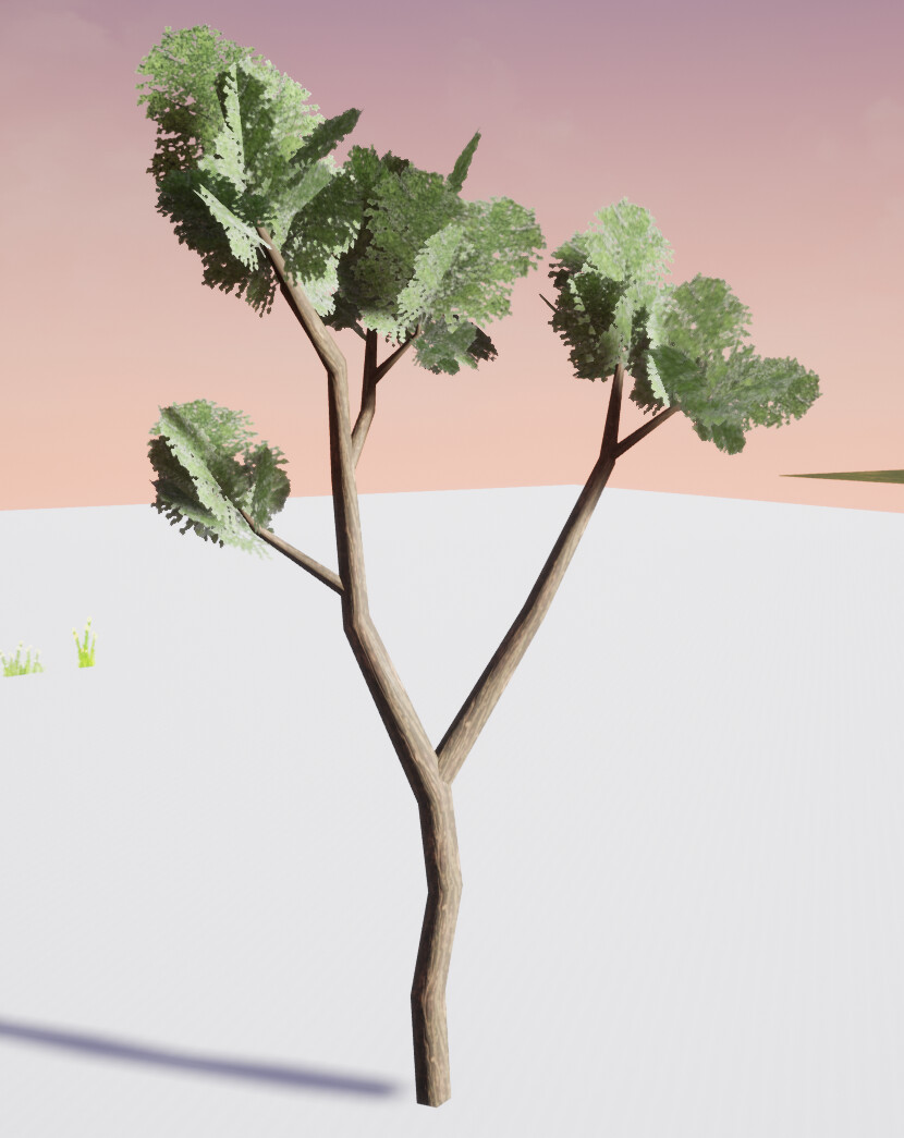 a low poly tree mesh with two-sided planes for the leaves. 
I wasn't sure how much detail I should put into the mesh, but since it was not going to be very large and there would be many instances in the scene I decided to keep the polygon count low. 
