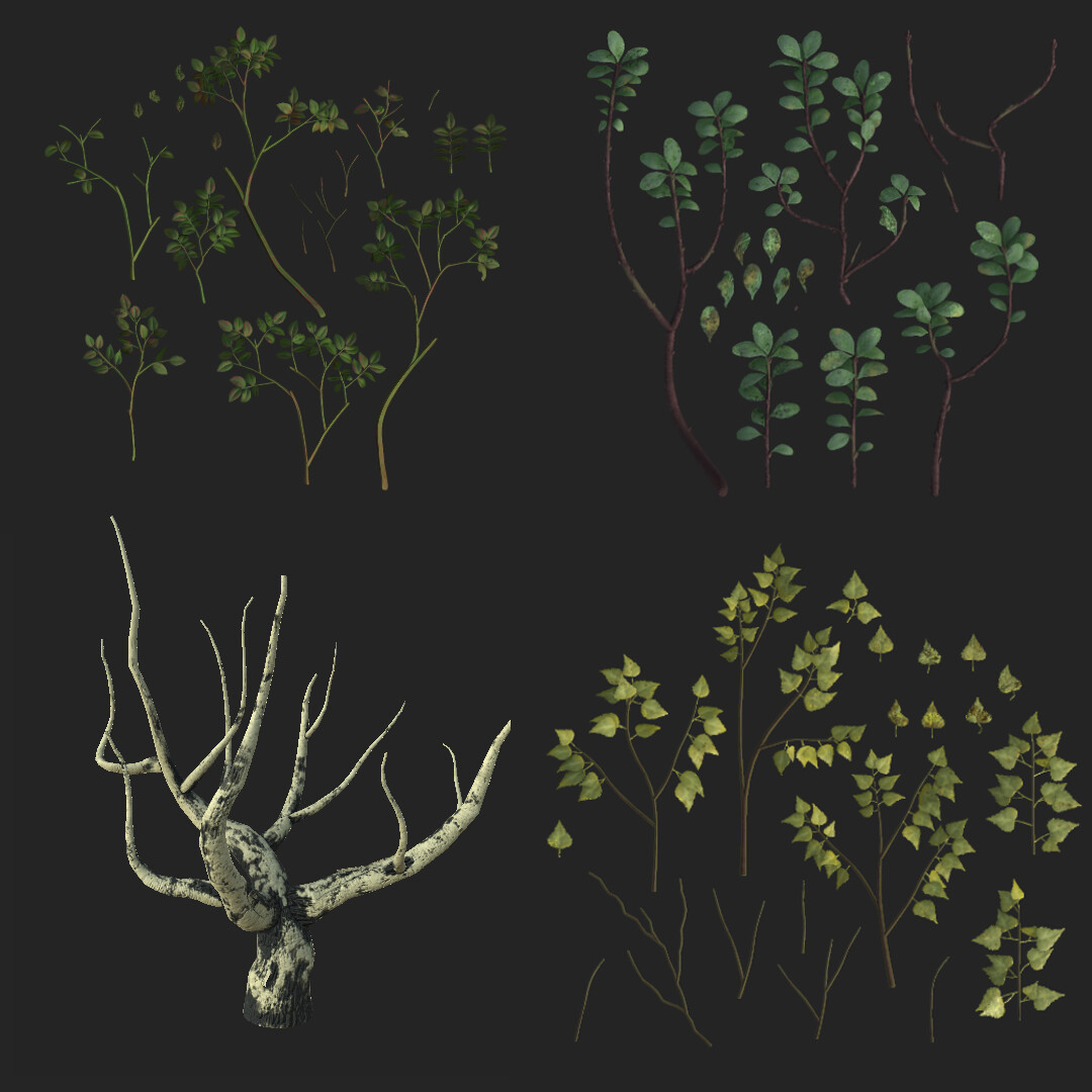 I sculpt the leaves in zbrush and bake them on to planes, which I bend and twist to make good twigs. Then I use them to build the actual plant.