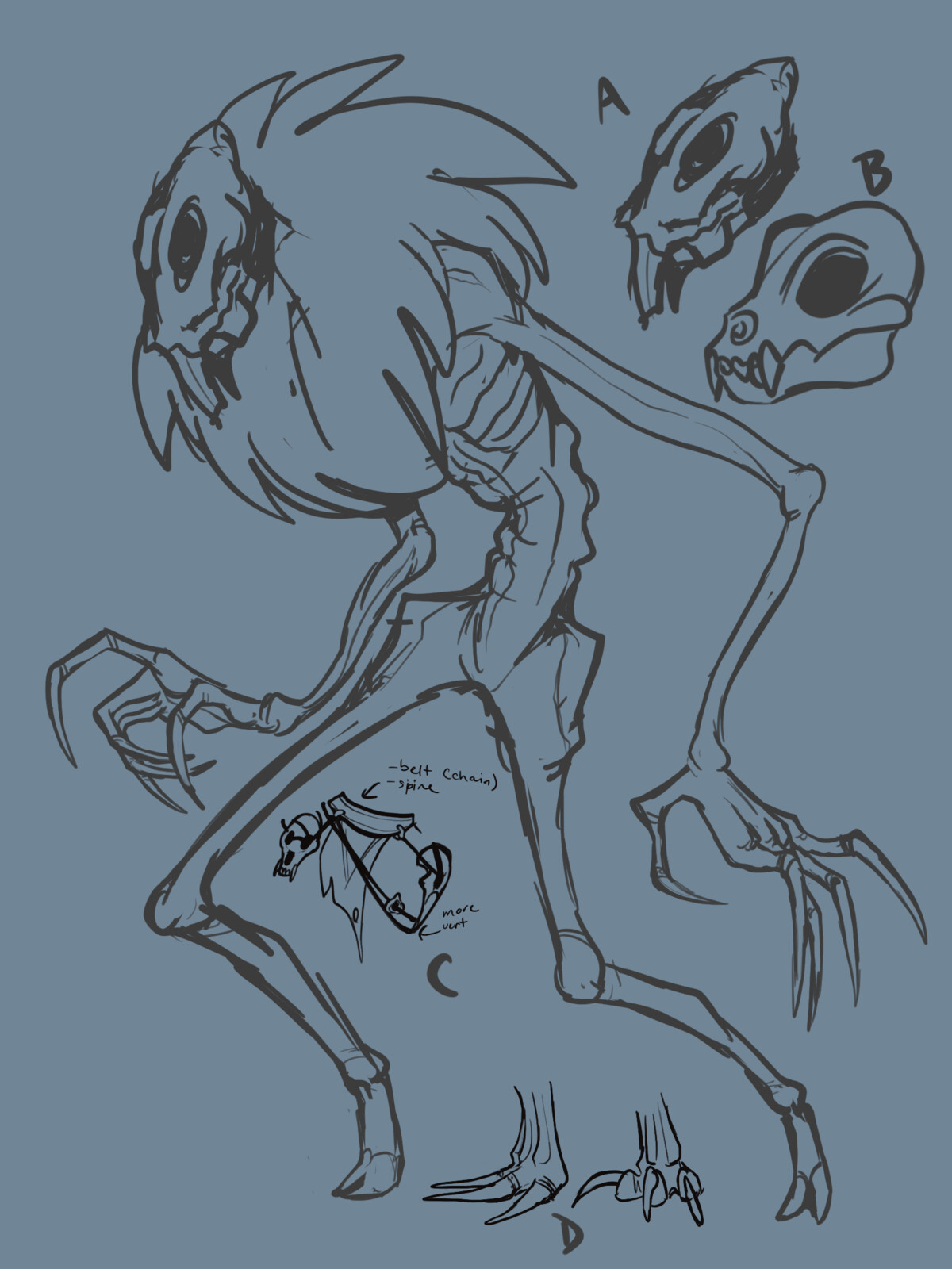 Client wanted:
A) A squirrel skull
B) OR a cat skull
C) Clothing consisting of a loincloth, other animal skulls, and a row of vertebrae as the belt.
D) Three different considerations for feet design including insect-like hooves, long claws, or paws.