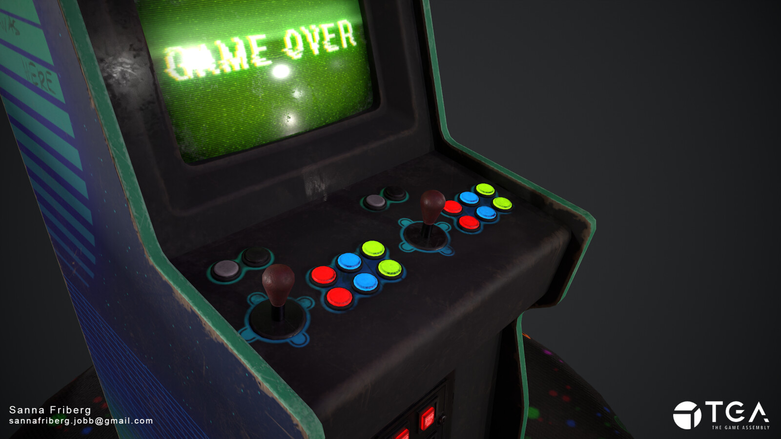 Closer look at the buttons and joysticks as well as the art on the panel.