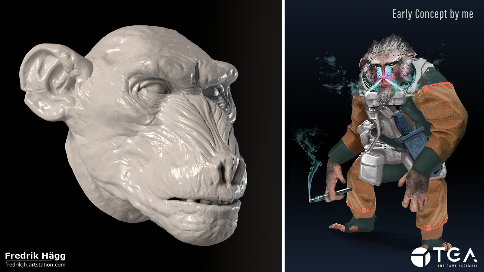 ZBrush sculpting of the head was done over approxemately 30 work hours.

The Space Ape concept was bashed during a Sketch-and-Fika morning session. He loves smokes &amp; hates space. He's half-man, half-chimp, half-mandrill and all grumpy.