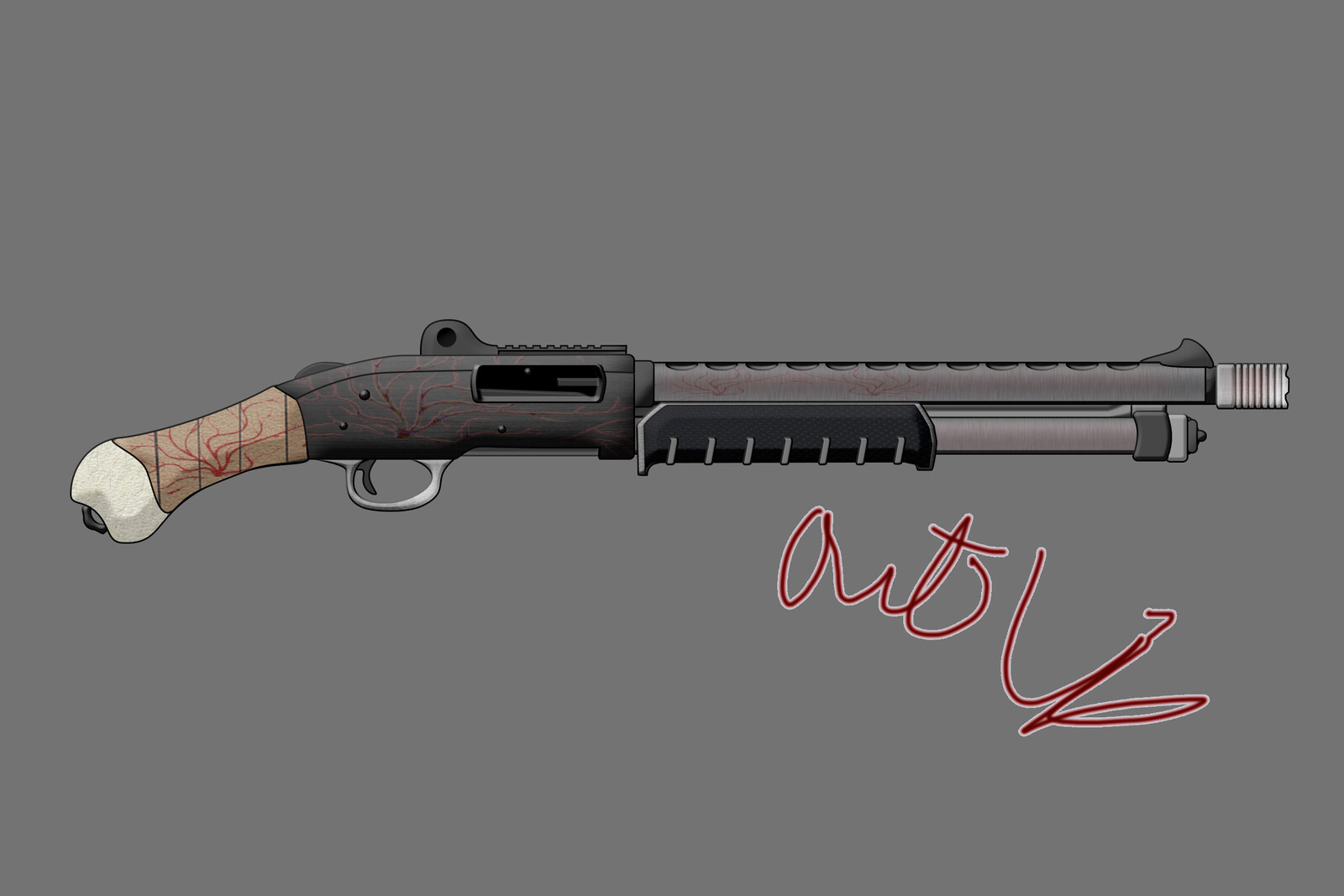 Dubbing this beauty the Bonesaw I gave the weapon an overhaul starting with the grips, changing the pattern, and adding a red glow into the weapon's steel components to give it a bloody look. I could go further but I like it the way it is.