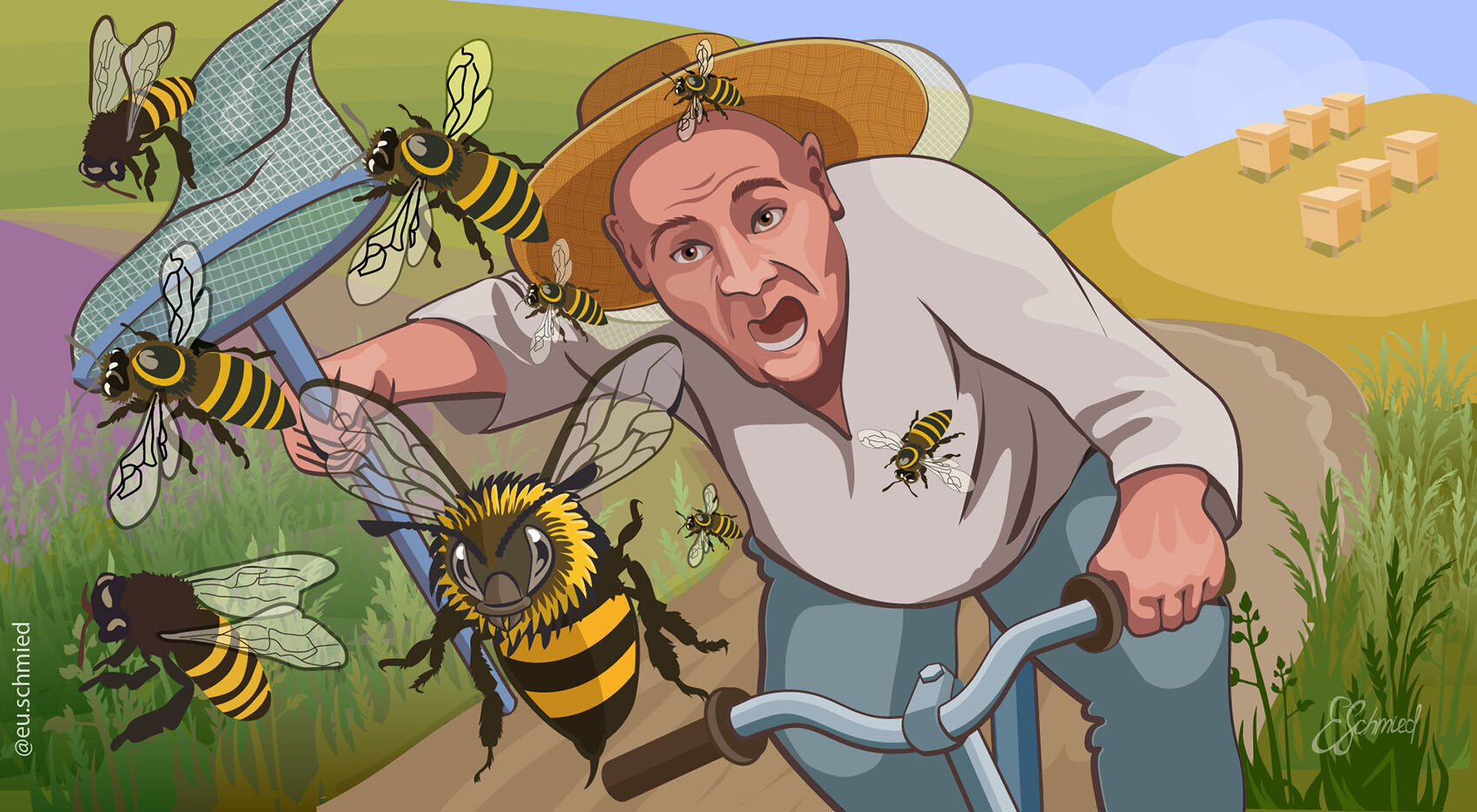 Убегаем пчел. Убегает от пчел. Шарж с пчелами. Сбежавшие пчелы. Пчеловод карикатура.