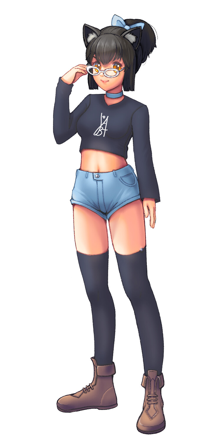 A cat girl with glasses, shorts and a long sleeve cropped top.