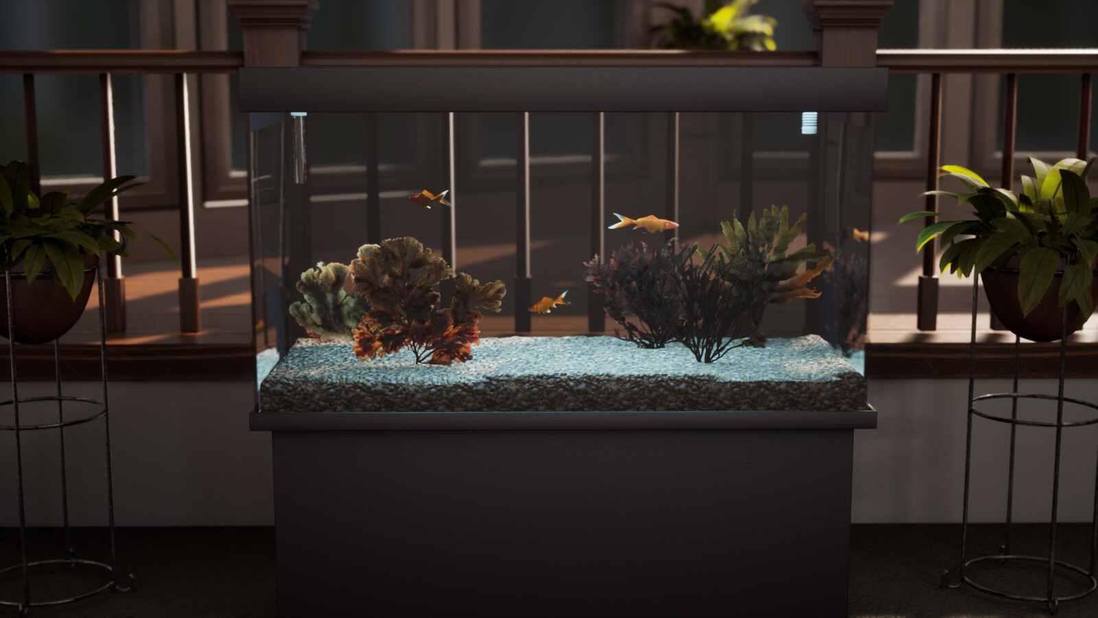 Render of the fish tank up close.  A short 4-5 second video with animations running will open the scene.