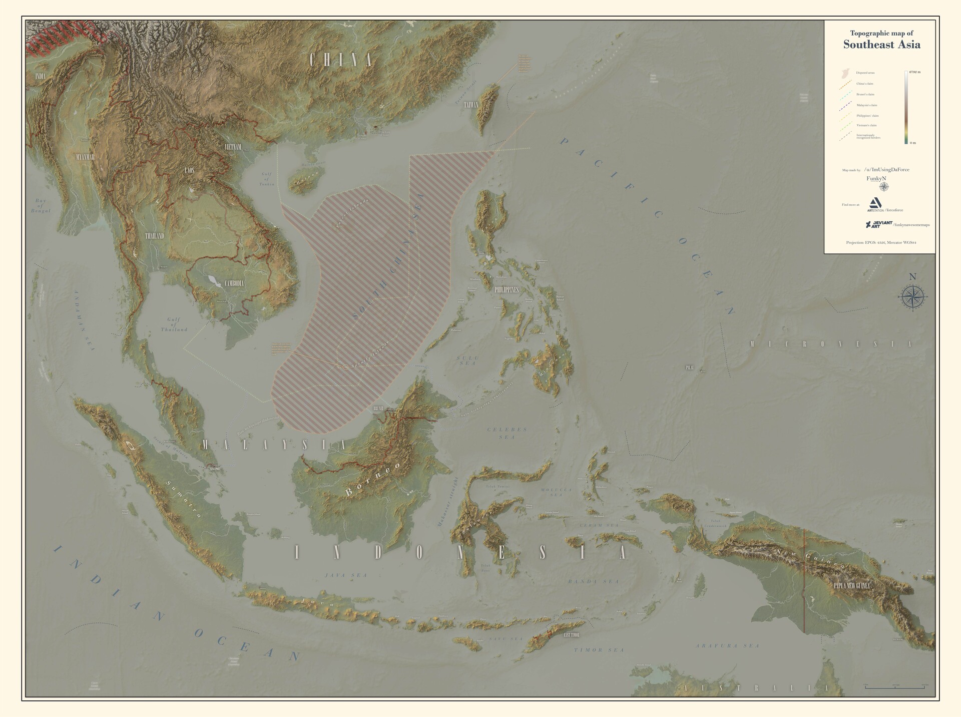Southeast Asia Topographic Map Artstation - Topographic Map Of Southeast Asia, And All Of It's Border  Disputes
