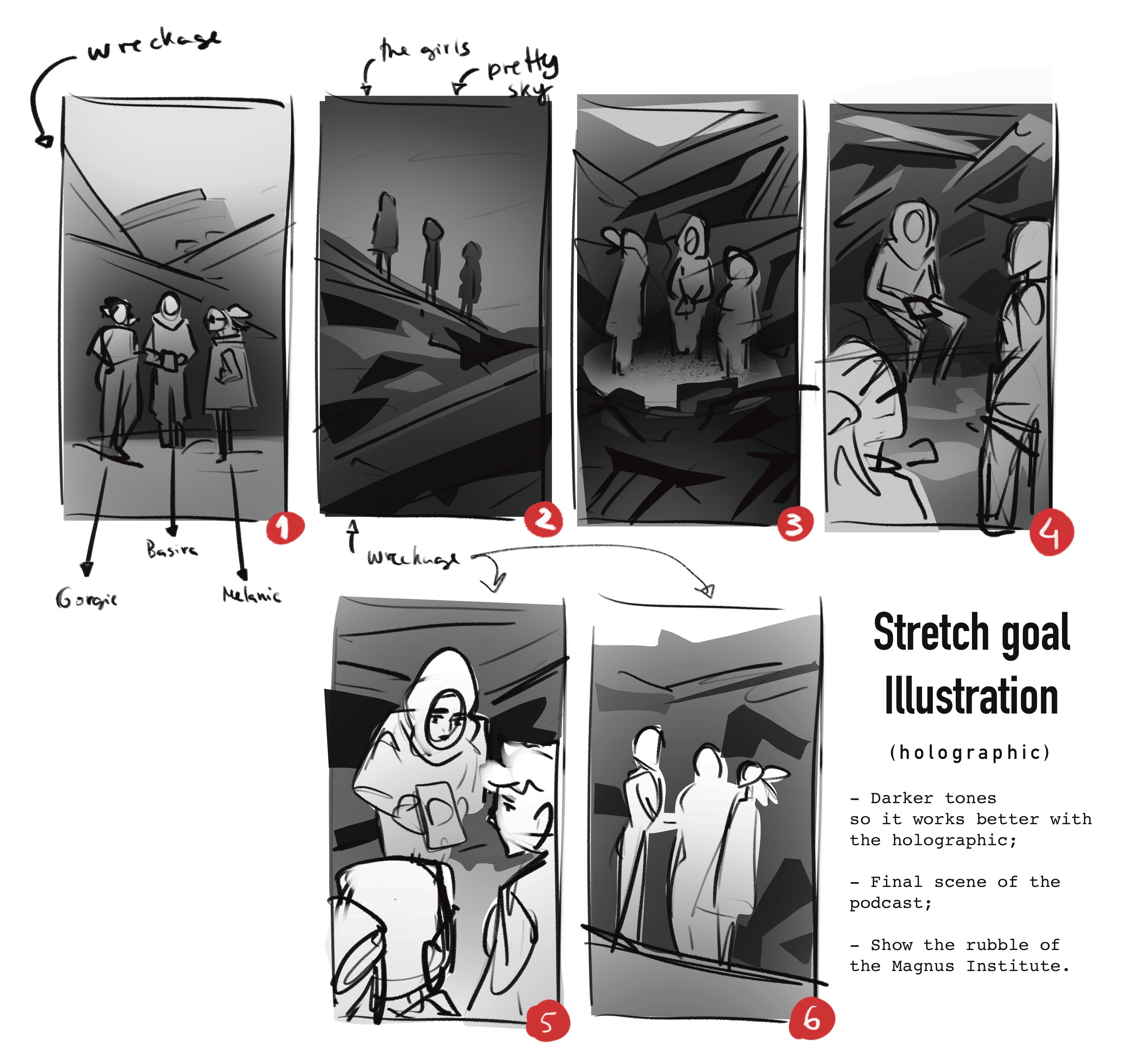 Thumbnails for the print illustration, since it was holographic I focused on mid tone to darker values.