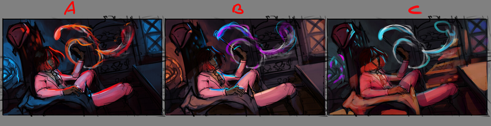color thumbnails. client chose C with fire trail from A