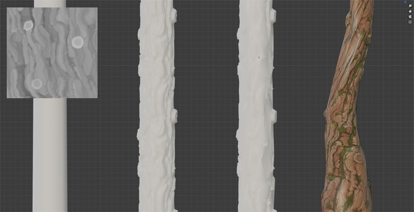 To make the geo of the trees match the texture more i used  displacement on a cylinder with correct UVs and decimated the geo afterwords in blender. It did require some cleanup but i was surprised how well it worked in this case. 