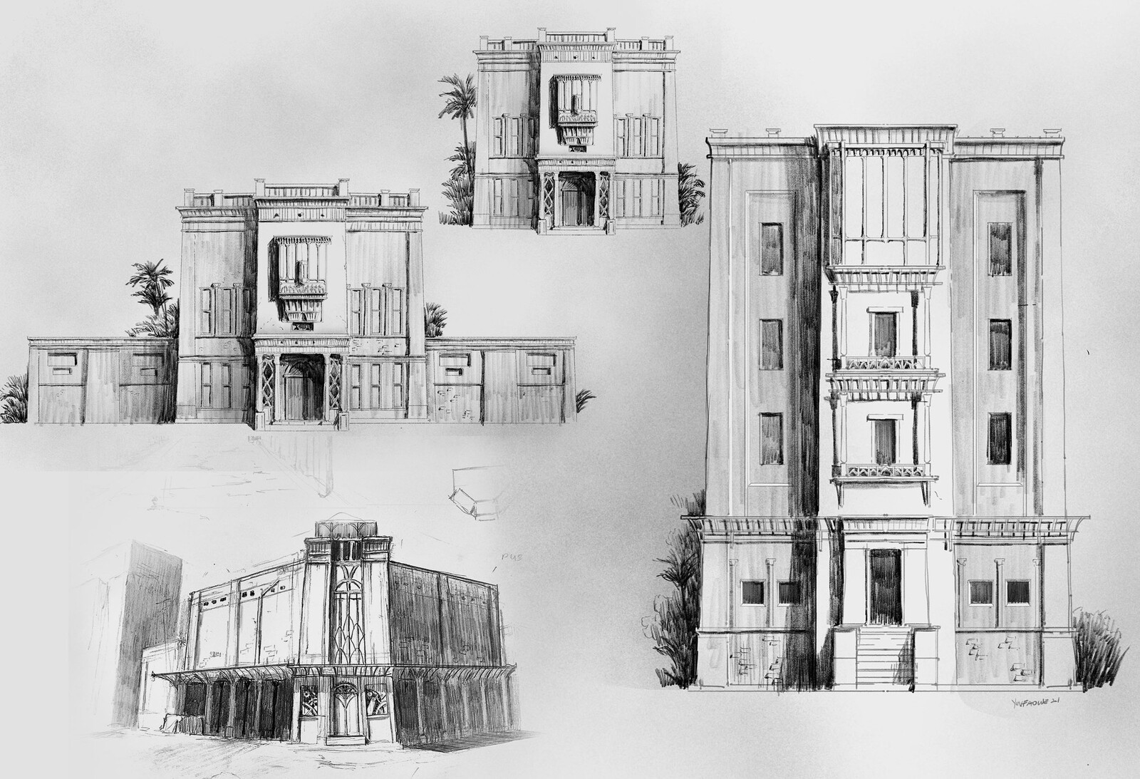 early Sketchbook exploration for city buildings 