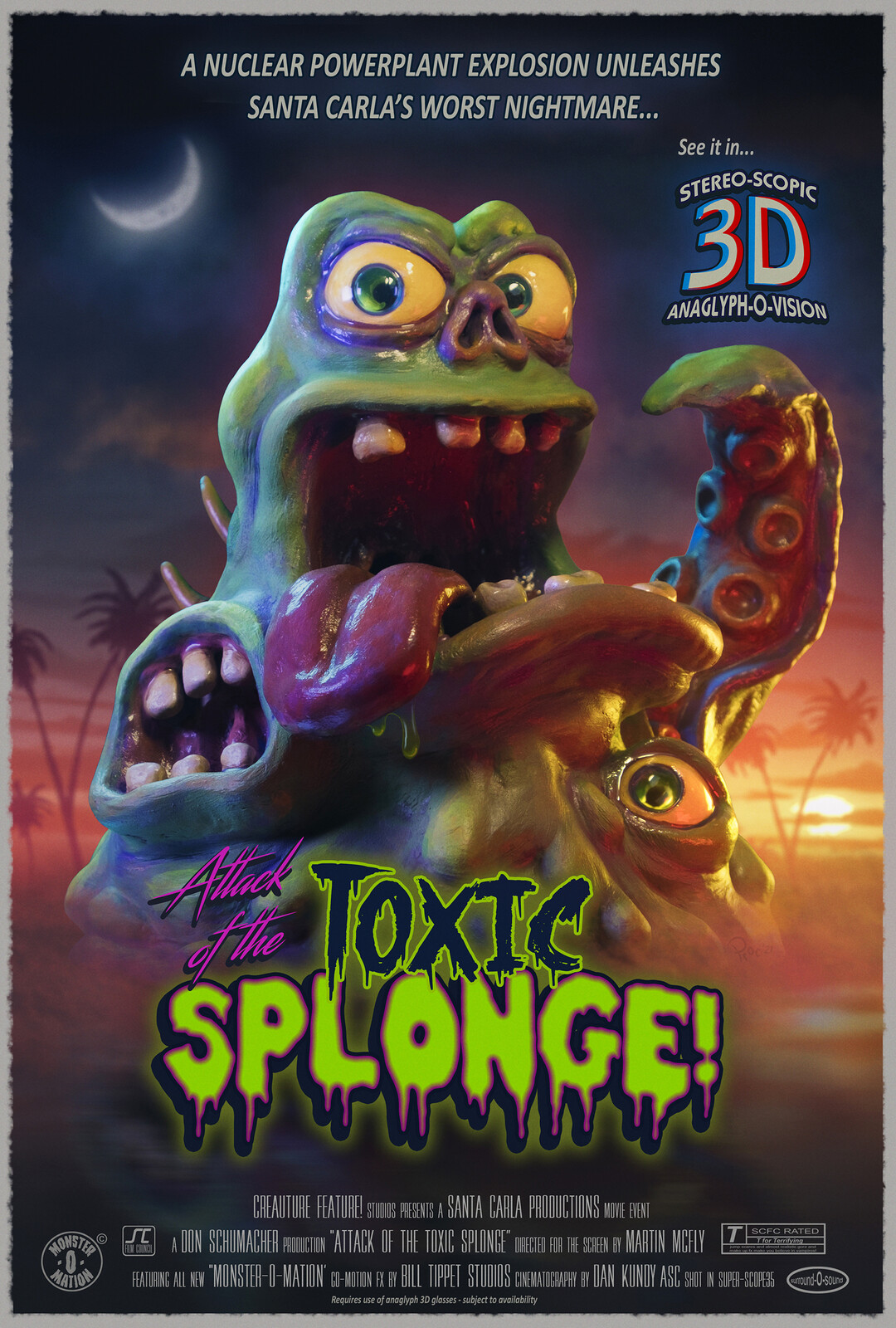Toxic Splonge One Sheet. A composite of the model photography and Procreate background. I lens blurred the BG and added subtle grain over both elements to help them sit together. However I wanted a B movie feel so didn't polish the post work too much