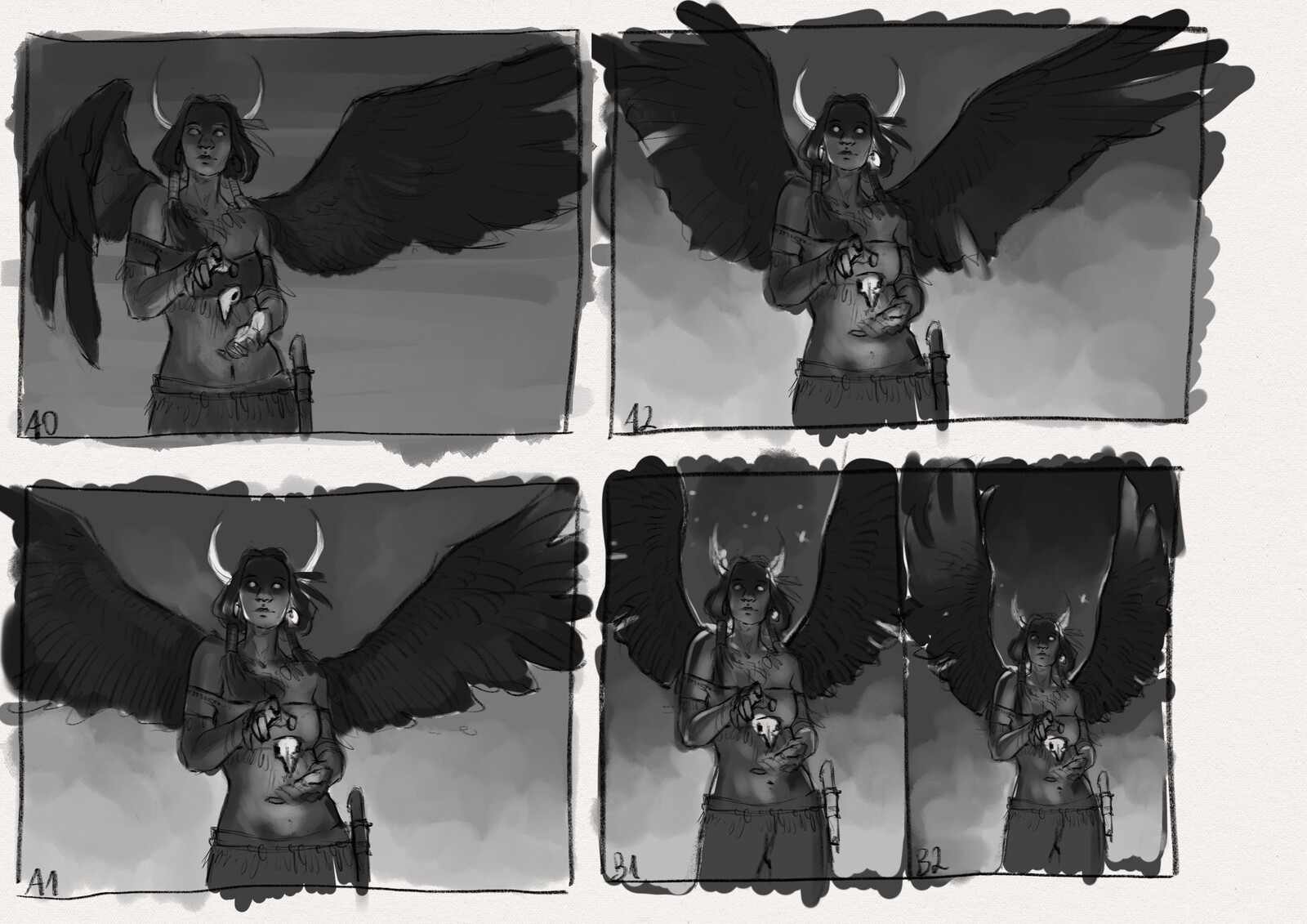 Some variants because I was not happy  with the wings and skull in my initial sketch