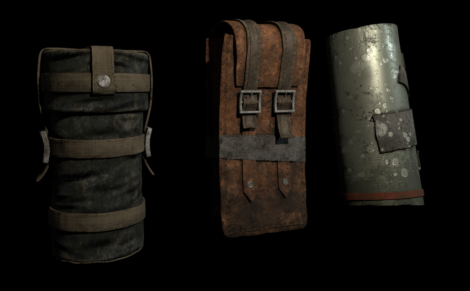 Bags and a makeshift bracer. Textured in Substance Painter. Rendered in Arnold.