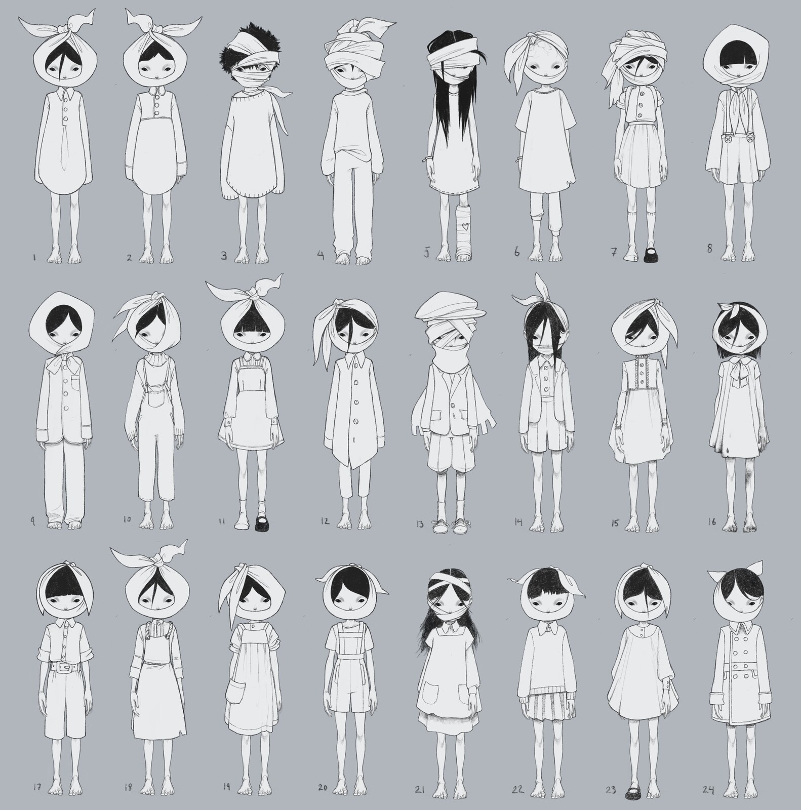 24 versions of Mute. The original inspiration was the head wraps used to soothe tooth ache but I expanded on that to include bandages. I looked at children's clothing from different eras and social classes.  