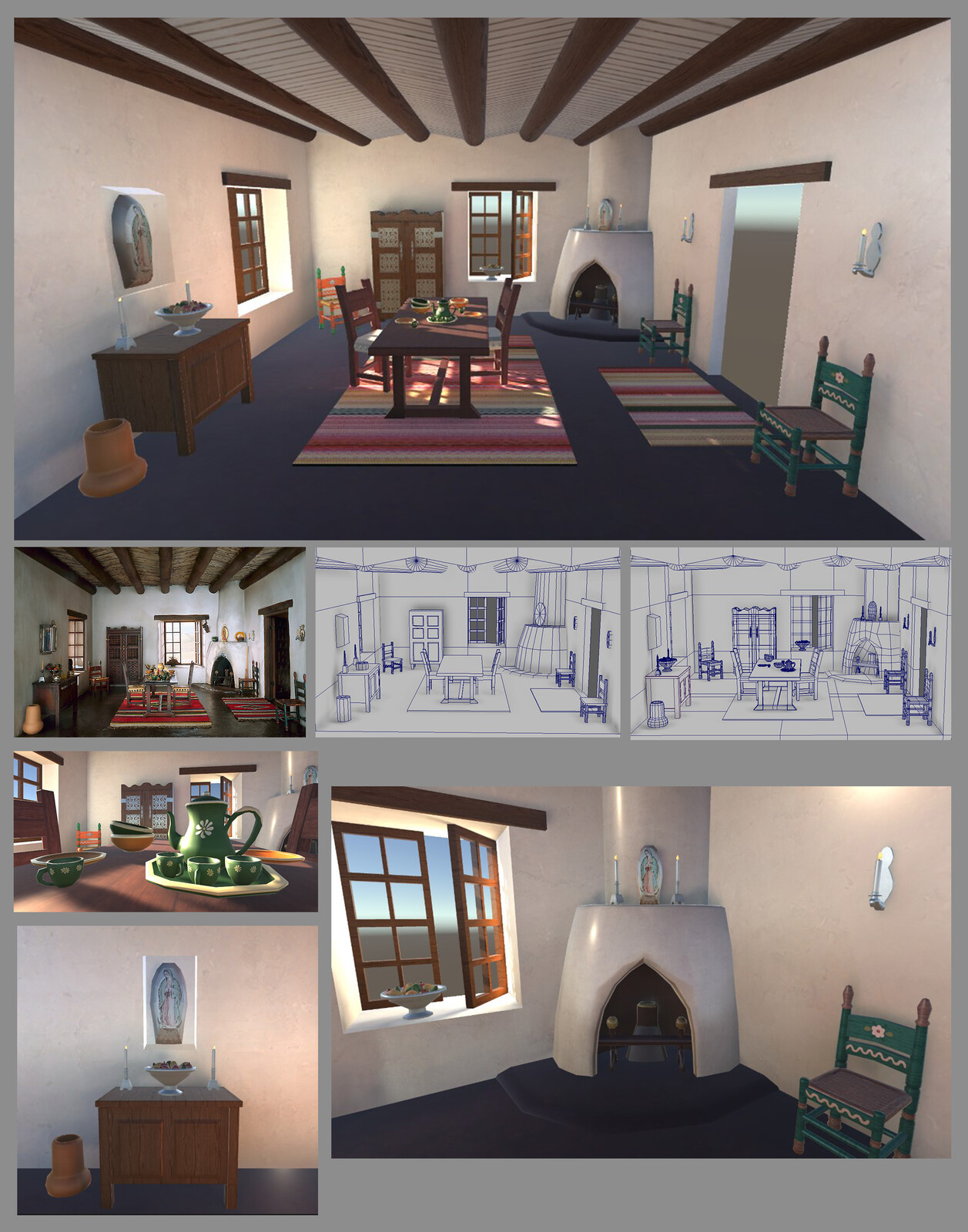 Top and Bottom: Textured and lit interior
Middle: Reference image, initial gray box interiror, final low poly in Maya.
