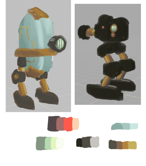 After modeling a character I knew how important it would be to choose a color palette for the textures, so I painted over screencaps of it until I got something I liked.