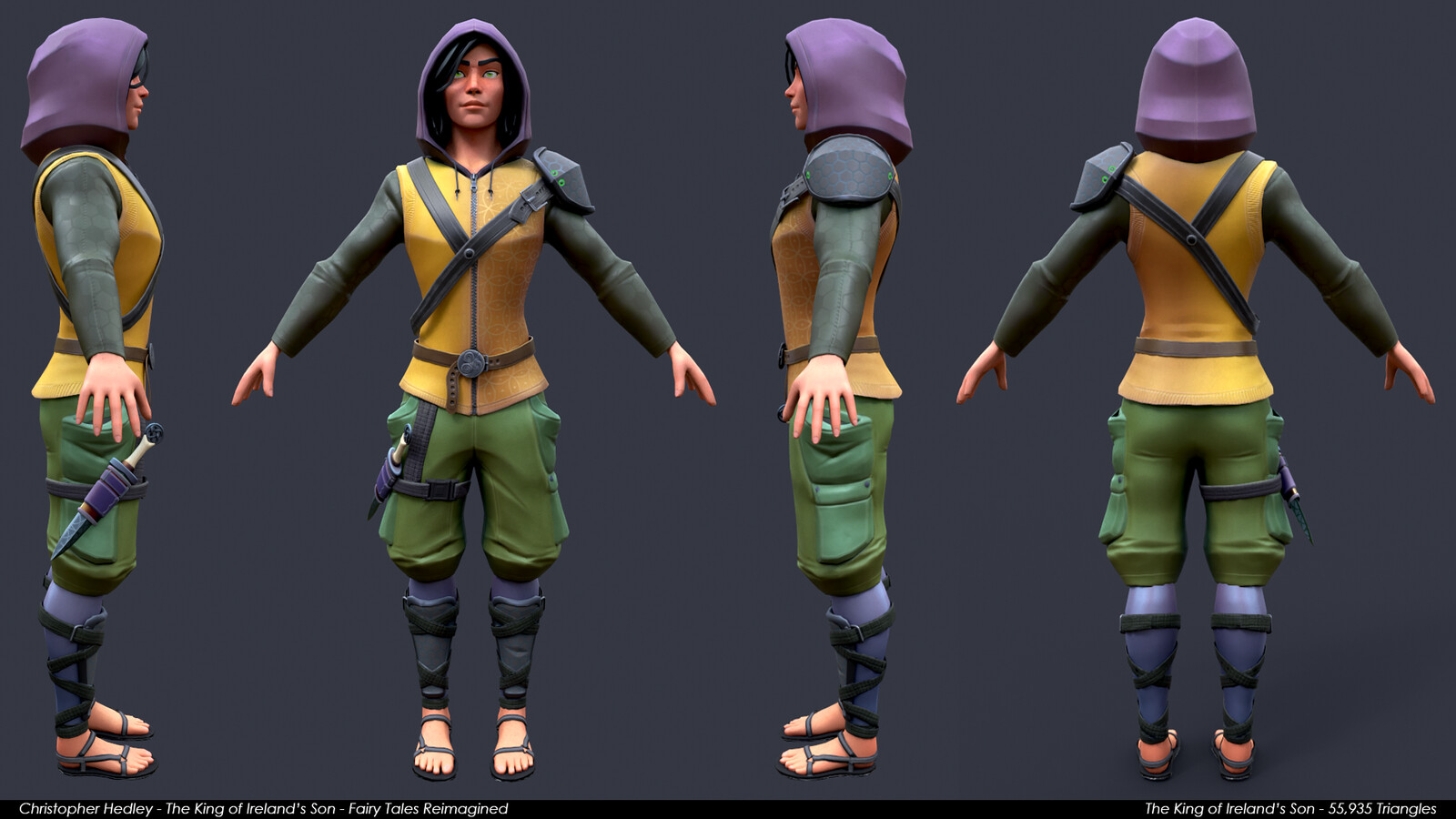 Character turnaround, rendered in Marmoset Toolbag 4. The character on his own came out to a total of 55,935 Triangles.