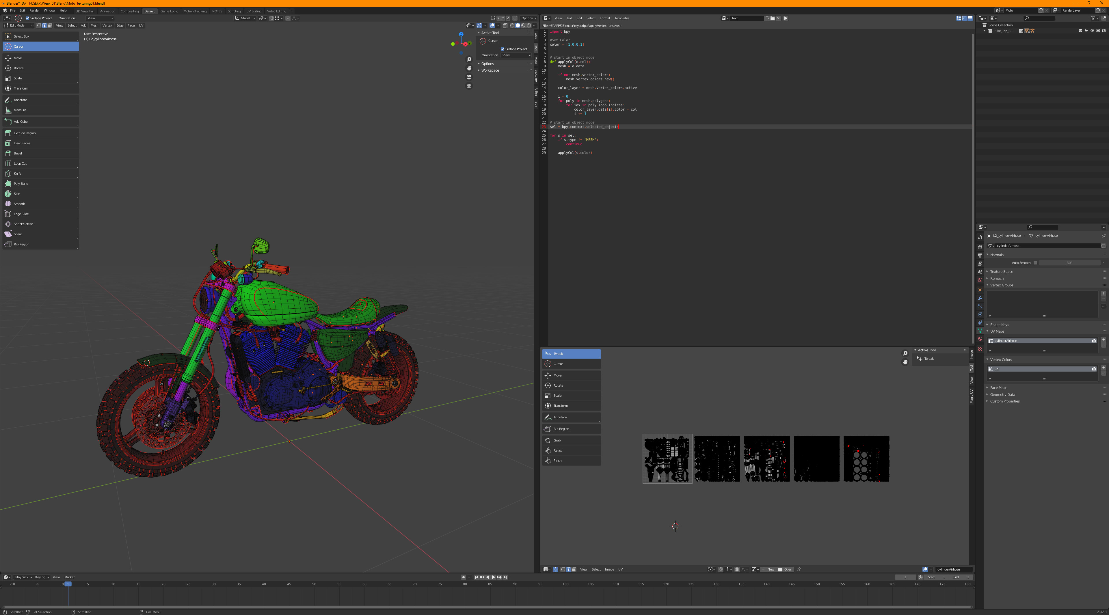 Re-UVing the bike in Blender. I made a script to apply vertex colors to bring into Substance Painter.