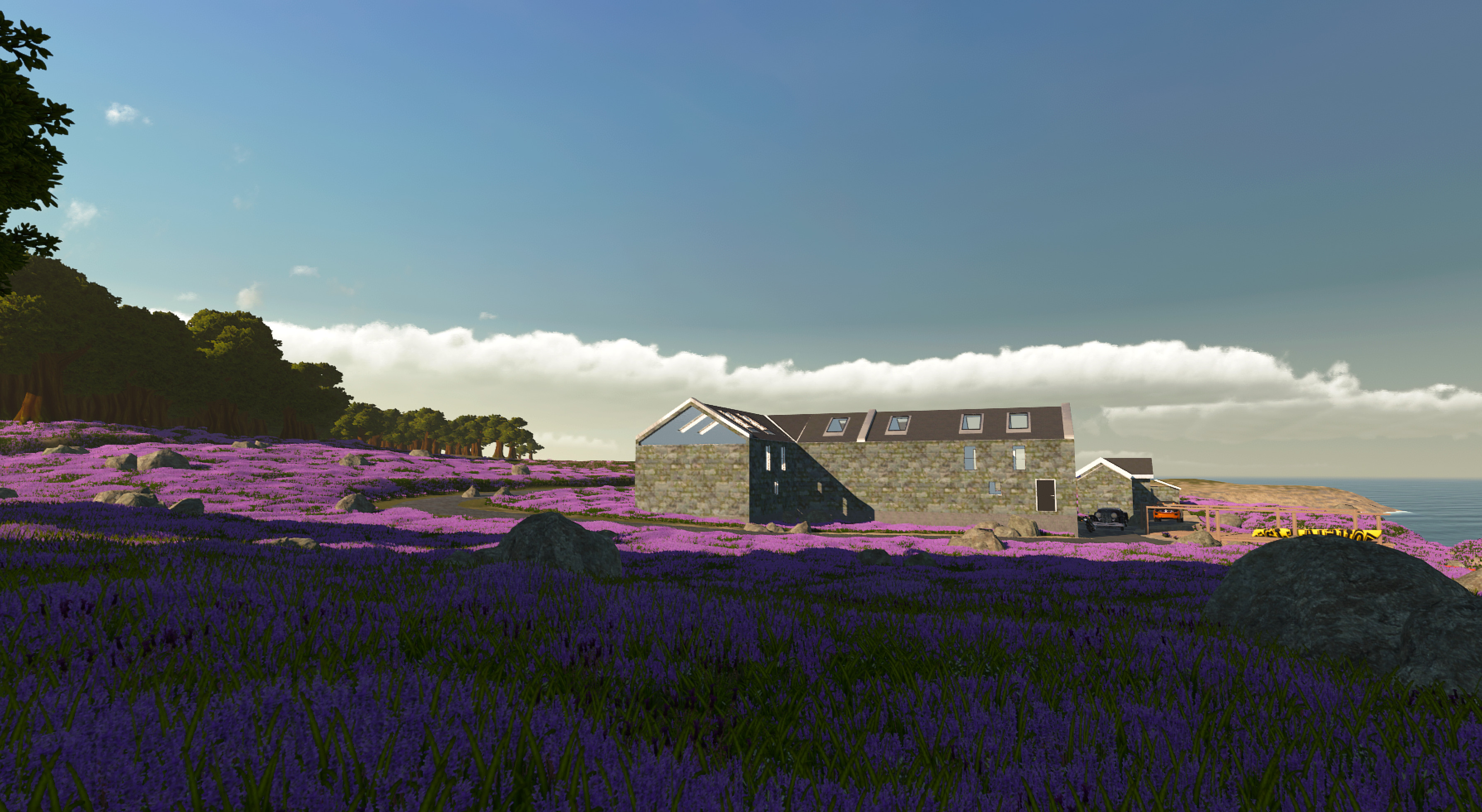 I've been working on a more specific to the Channel Islands environment setup - to be able to quickly go from an architectural model to in-situ with a nice feel. This image is an example of this prototype setup.