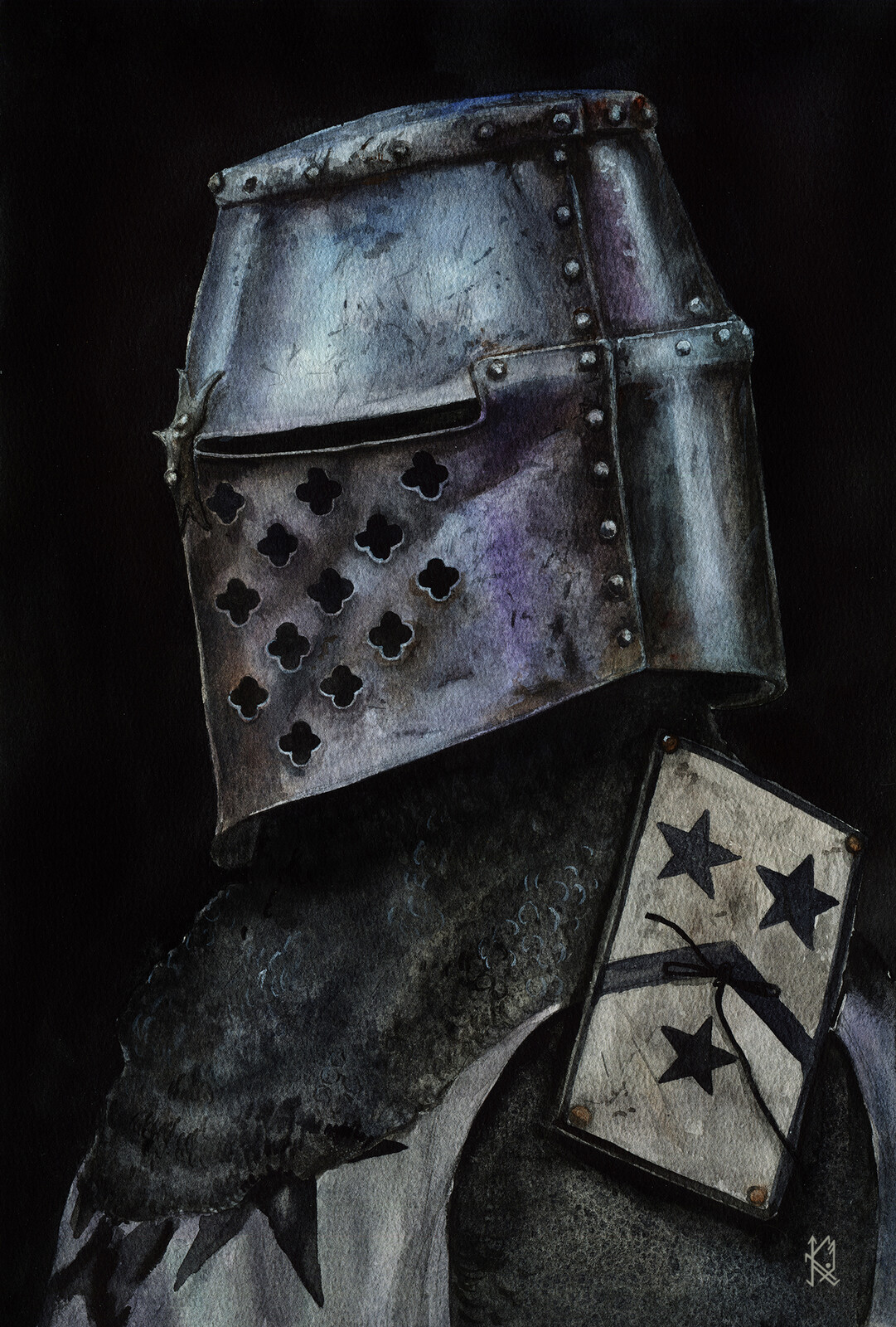 Portrait of the knight in a helmet.