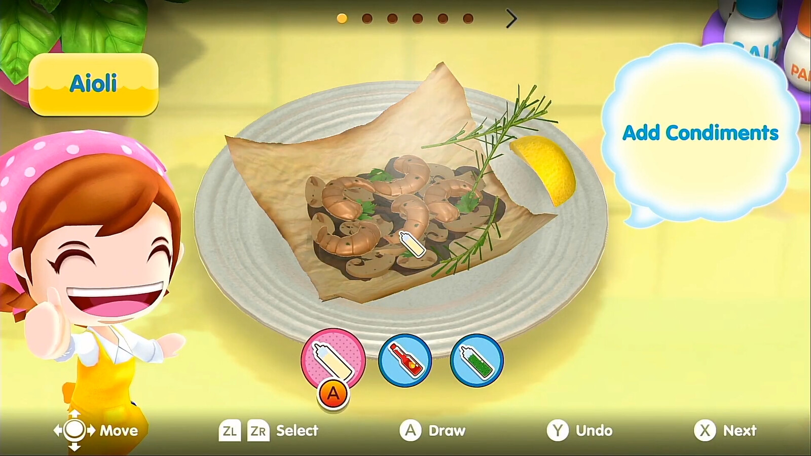 I setup this final plating for the Mushrooms en Papillote dish. Some assets were already created for other dishes/minigames like the shrimp and rosemary, some assets were original like the sauce puddle and crinkled paper wrapping.