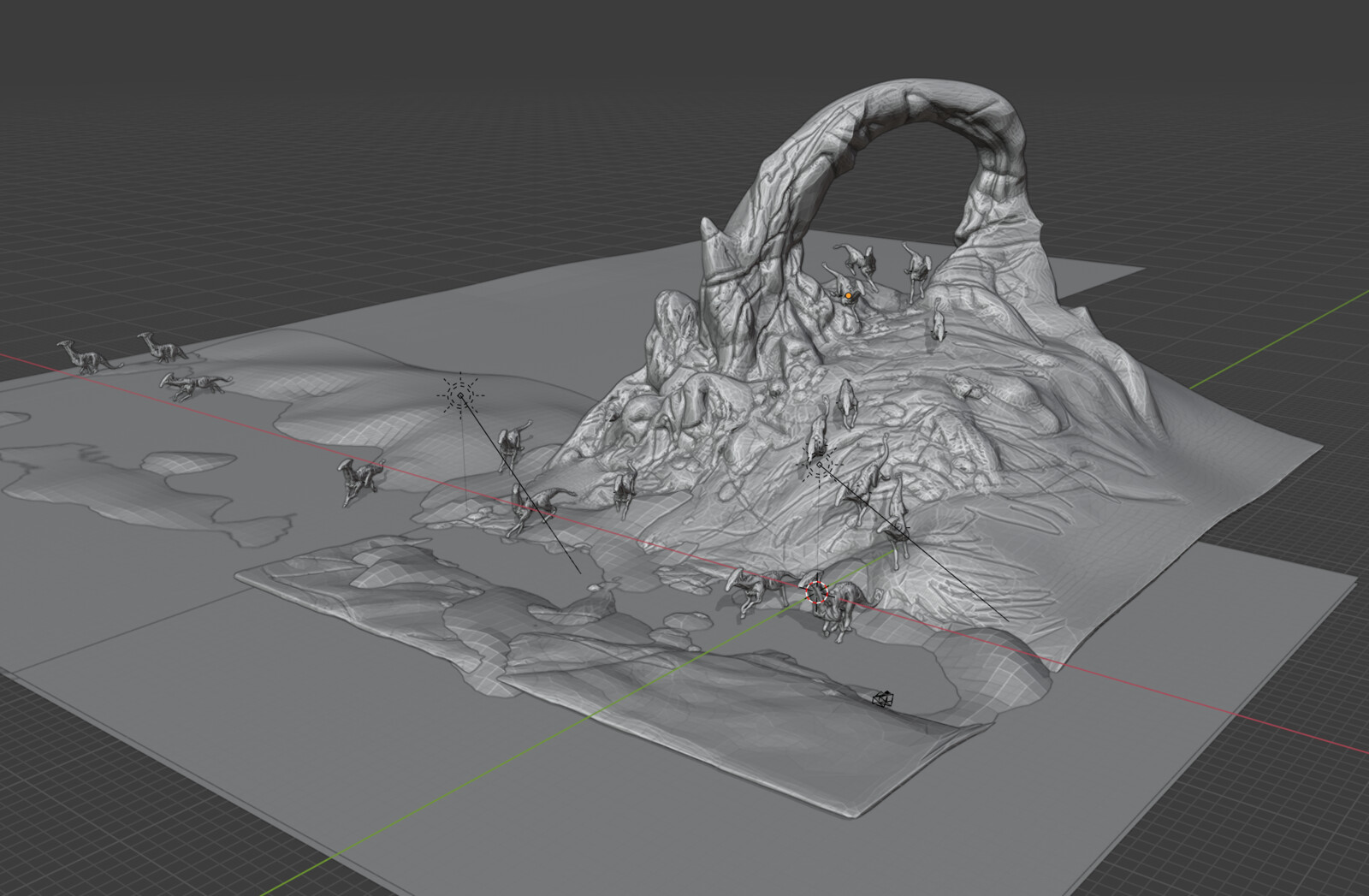 Scene block out. Rocks sculpted in Blender.