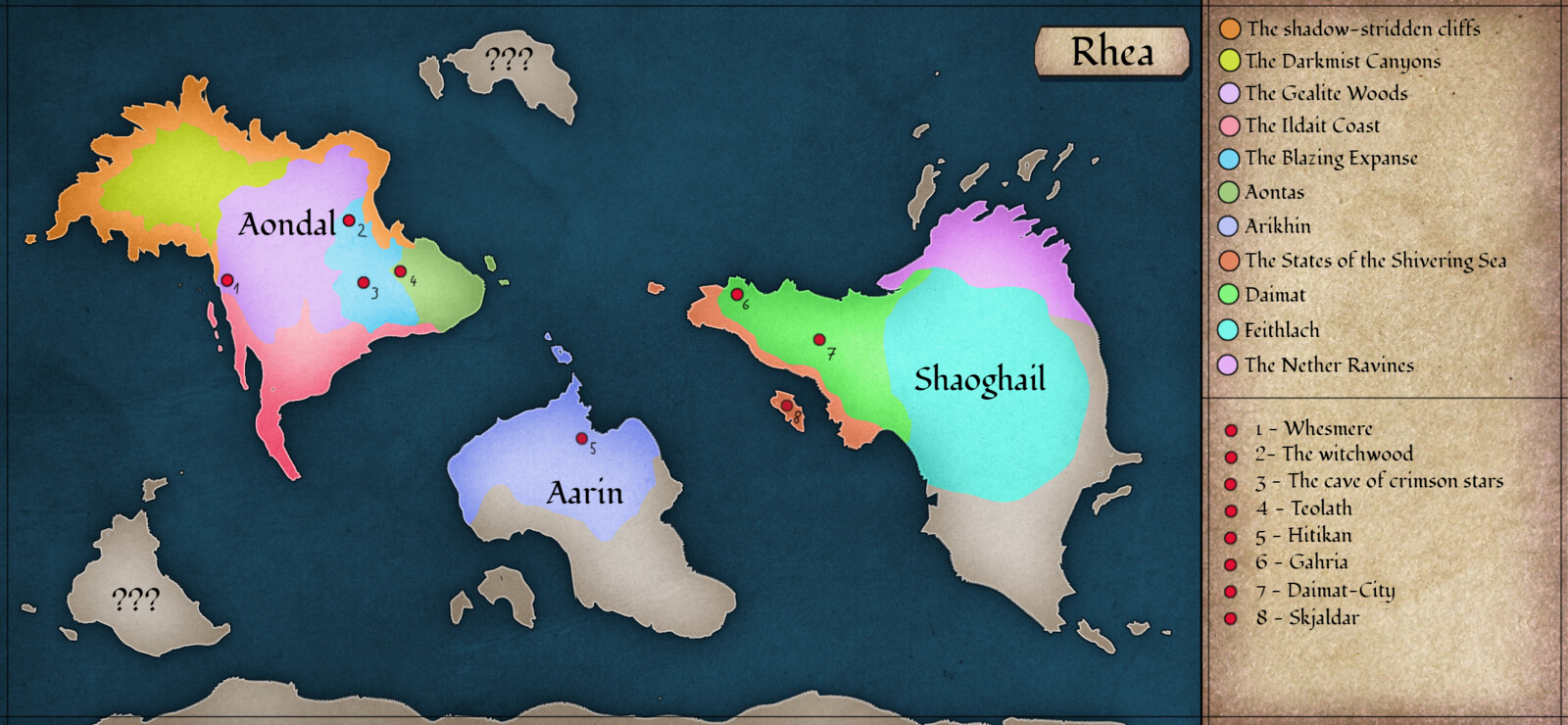 Labeled map of the fictional world of Rhea.