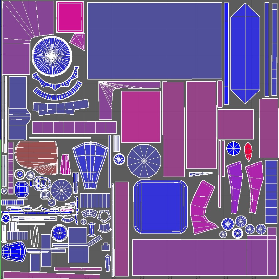 UV Layout. Shells must be stacked onto one 1024x1024 for performance.