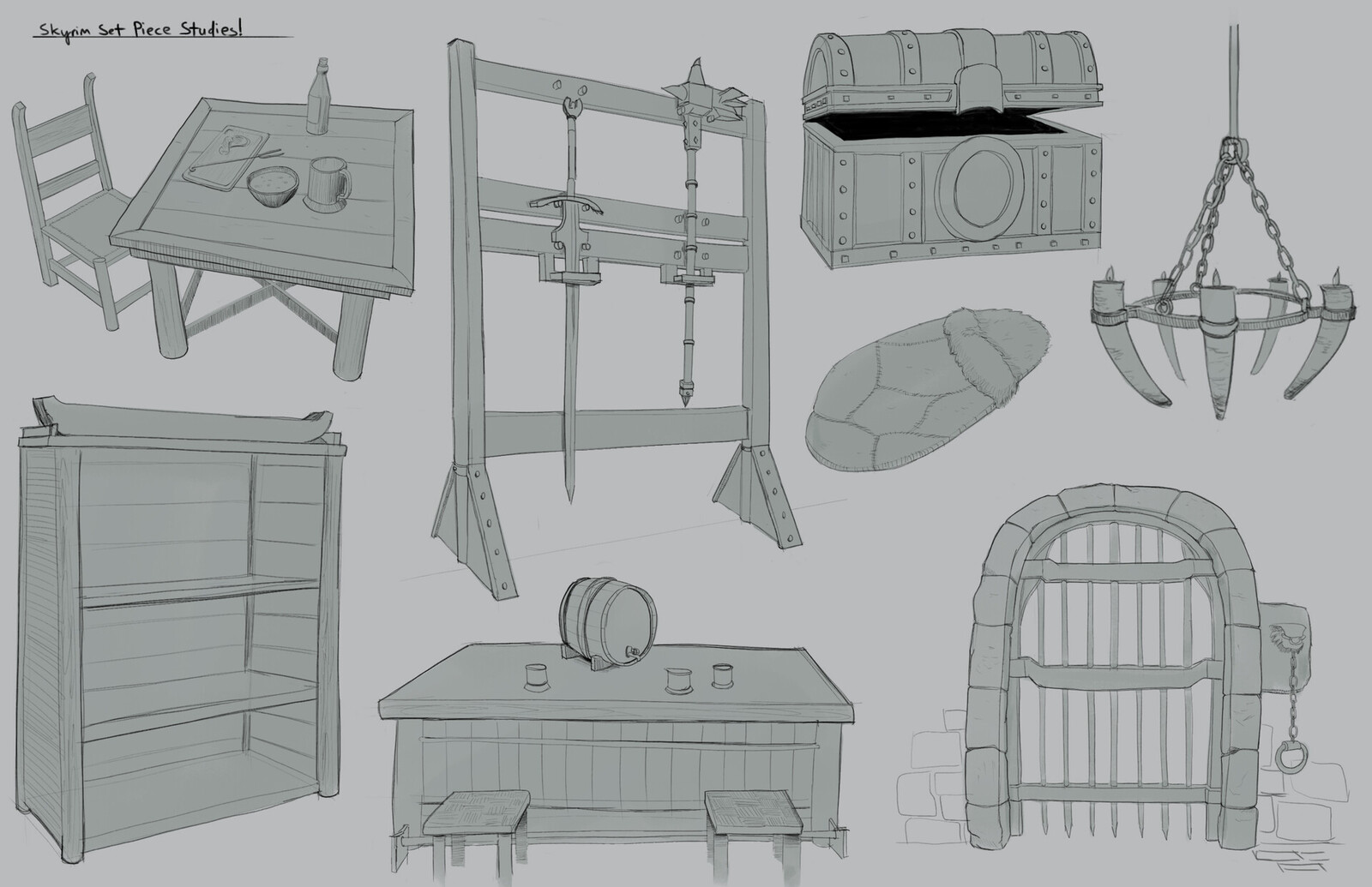 Sketches of set pieces from Skyrim