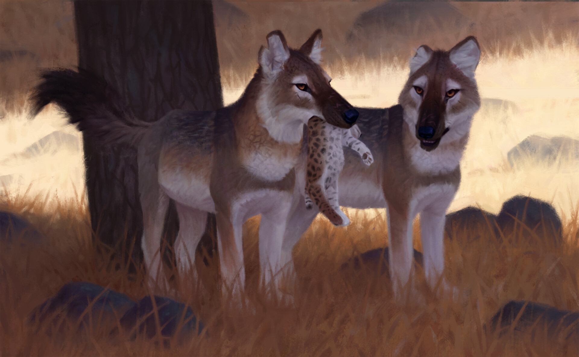California, 50,000 years ago Two dire wolves came across a Smilodon den whi...
