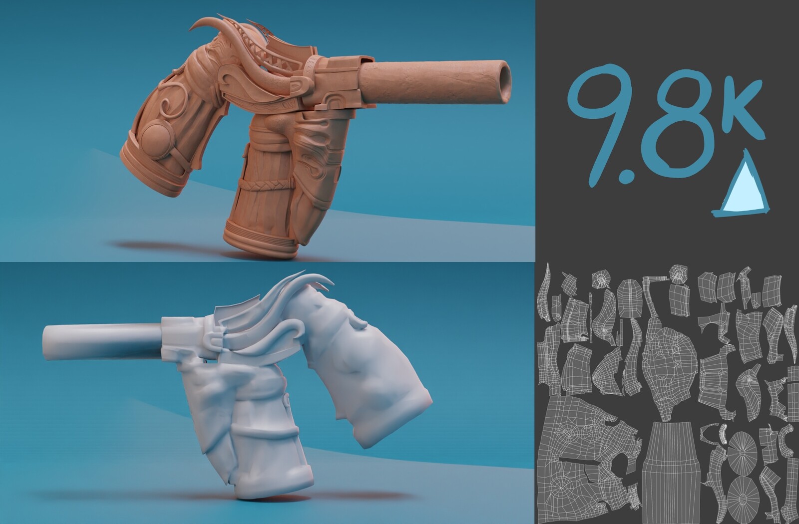 Sculpting and Retopology has been done in Blender. As Linux user is the best tool we have. #ShameOnPixologic