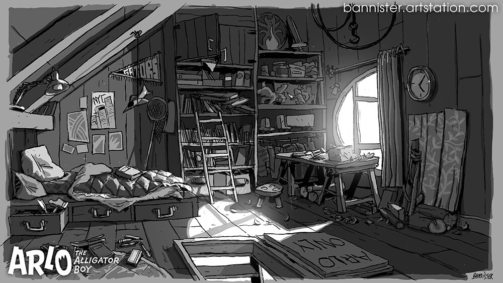 Arlo's bedroom, in his bayou house.
The rough blueprint of the room was provided to me by the artistic director.
I added as many relevant and fun details as I could,
so the background artists could pick whatever they needed.