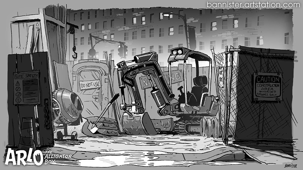 A construction site in NYC by night.
Not sure this sequence appears in the movie,
but that was really cool to learn how to draw that cartoony excavator machine.
