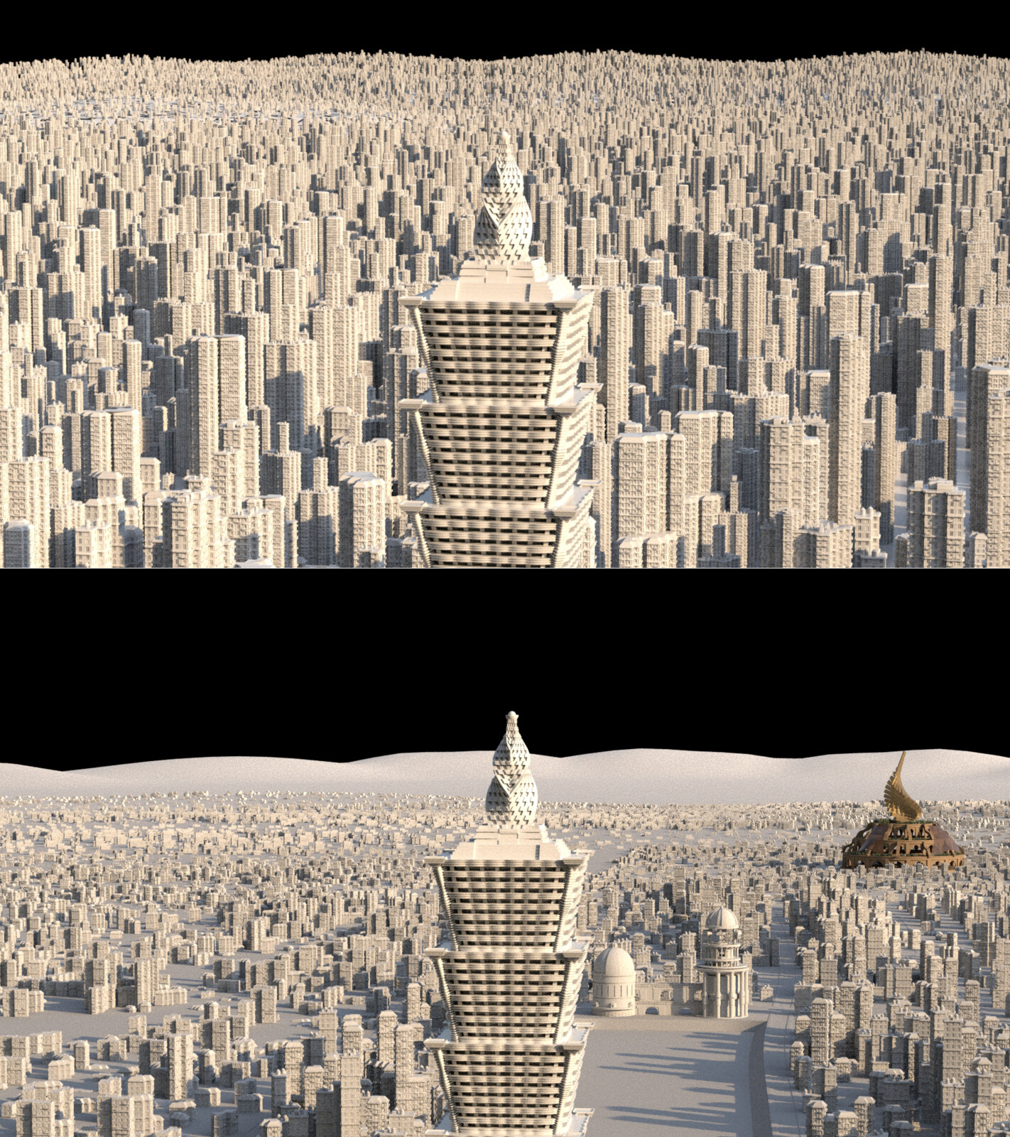 The scattering of the buildings with MASH in Maya was the most important part of my job. On top, you can see one of my first tests and at the bottom, the distribution is more organic with more variations and roads.