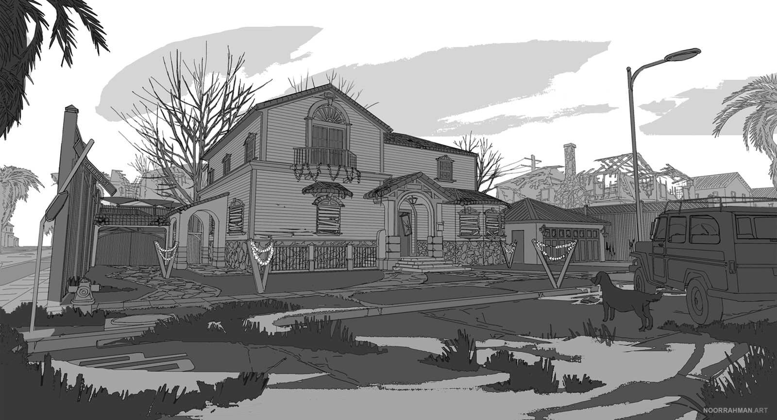 Background layout. Lineart &amp; values over 3D Sketchup model.