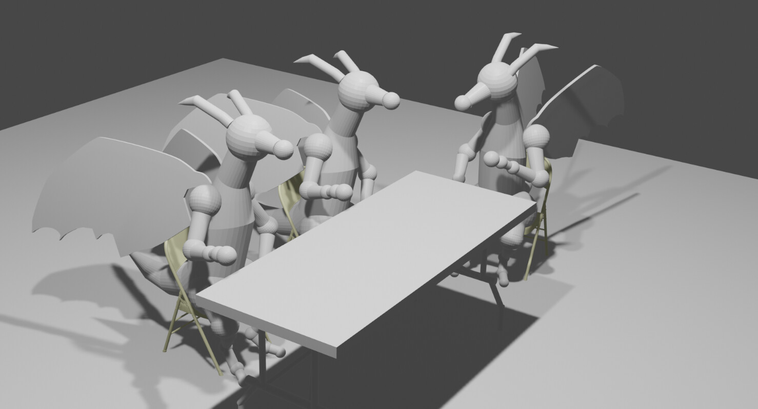 A mockup of the dragons sitting around a game table.