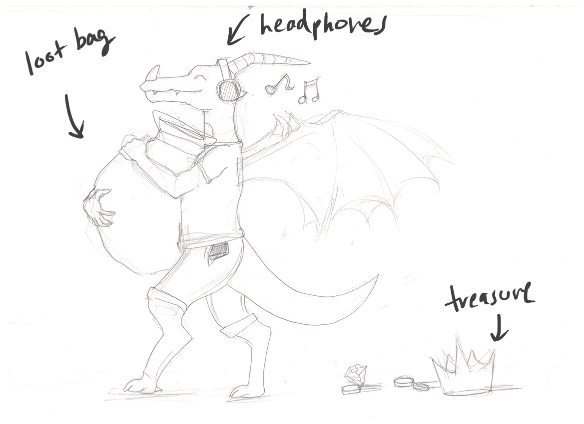 ... so I came up with a basic story for our treasure dragon! Phil is very happy that he just got treasure and he's happily carrying his loot away. But oh no! He's distracted and doesn't realize that he's dropping the treasure out behind him! :)