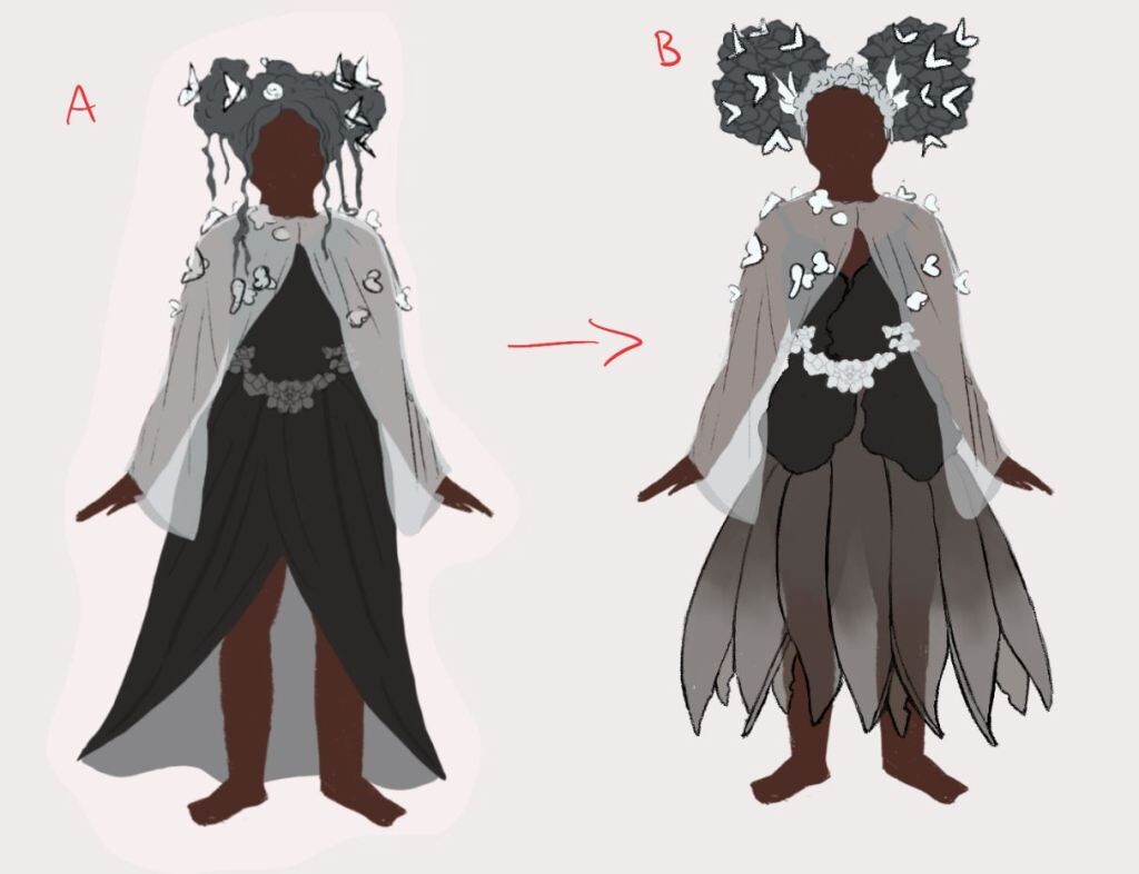 Initial fairy outfit concept vs. the chosen final concept.